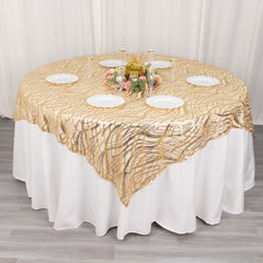 Mesh 72"x72" Table Overlay Square Tablecloth Champagne - Wave Embroidered Sequins Table Topper