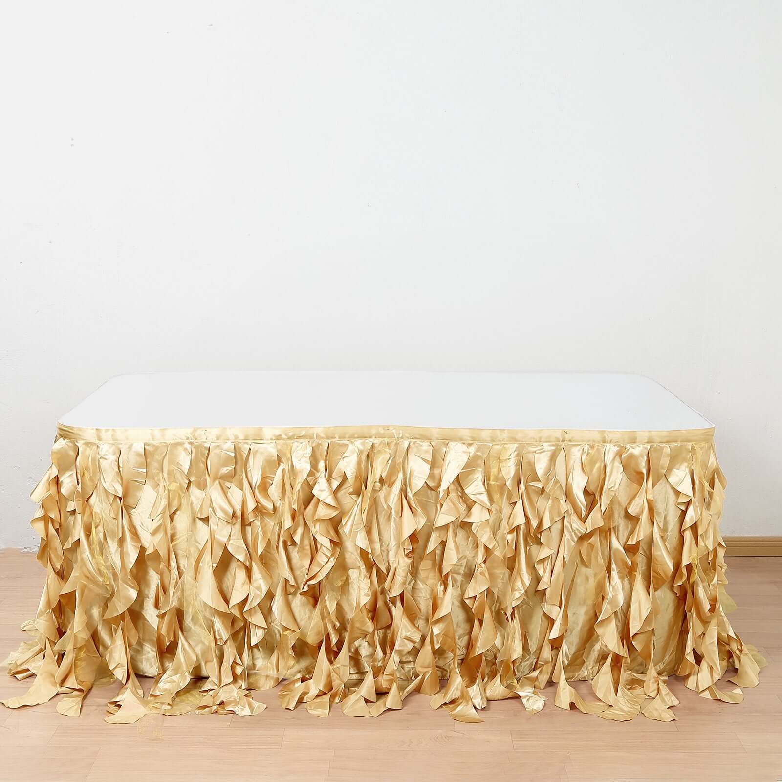 Taffeta 14ft Table Skirt Champagne - Cascading Curly Willow Style Table Cover
