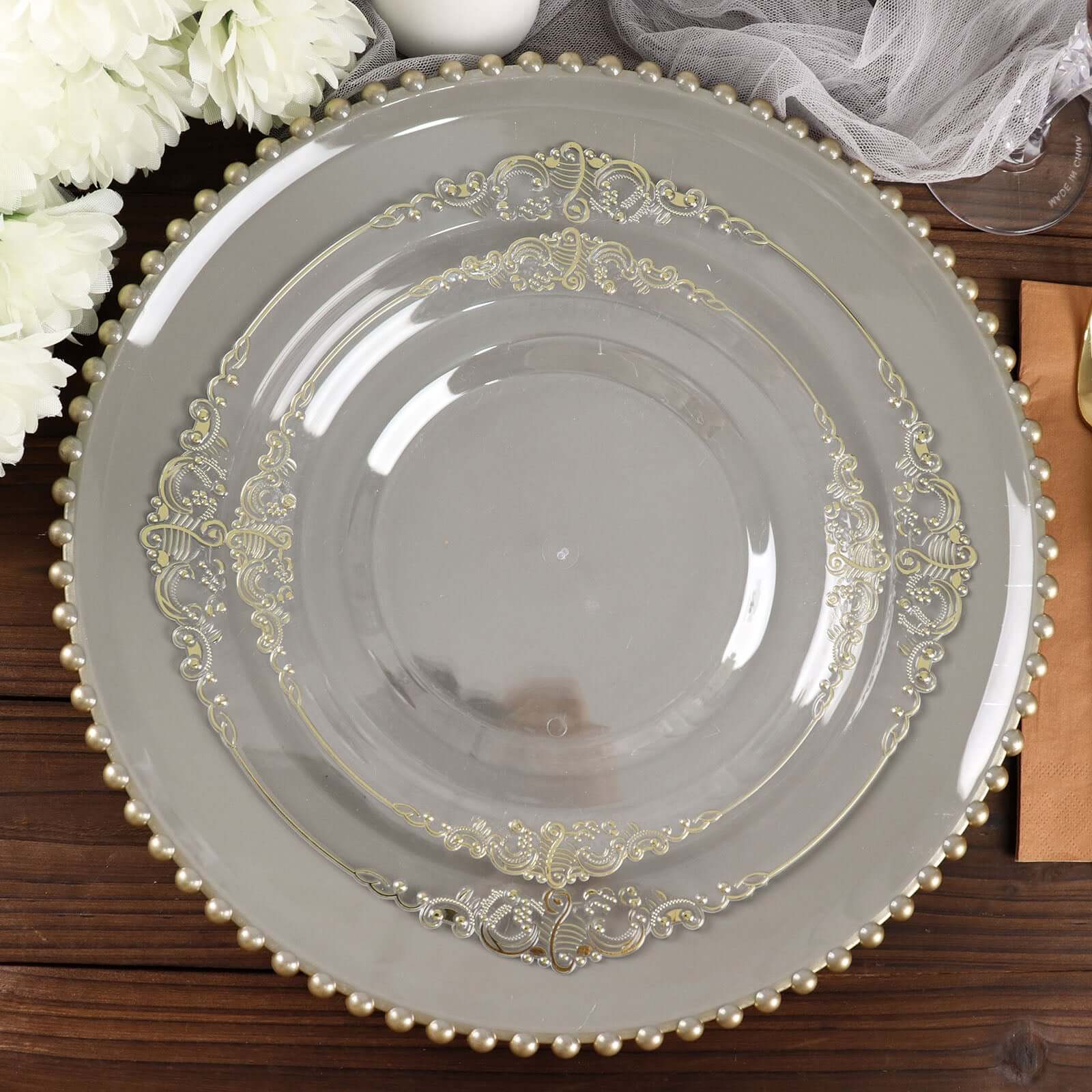 6-Pack Acrylic Round Charger Plates 13" in Charcoal Gray with Gold Beaded Rim, Decorative Dinner Party Charger Tableware