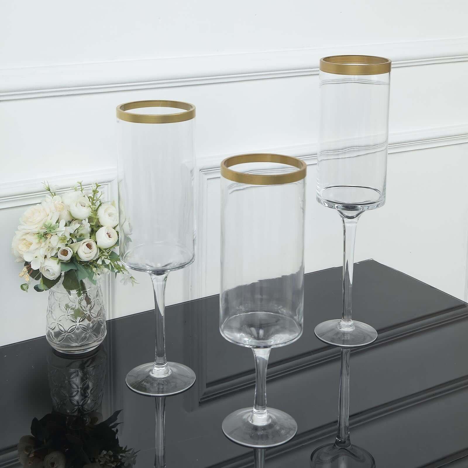 Set of 3 Glass Hurricane Candle Holders Long Stem Clear with Gold Rim - Decorative Pedestal Floral Centerpieces 16", 18", 20"
