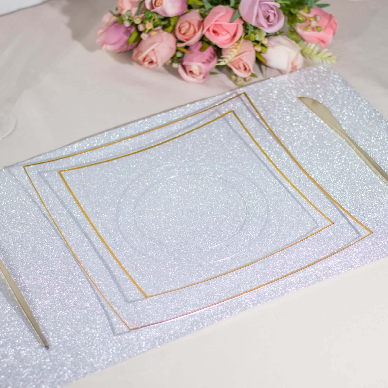 10-Pack Plastic 8" Square Dessert Plates in Clear Concave Style with Gold Rim - Modern Disposable Salad Appetizer Party Plates