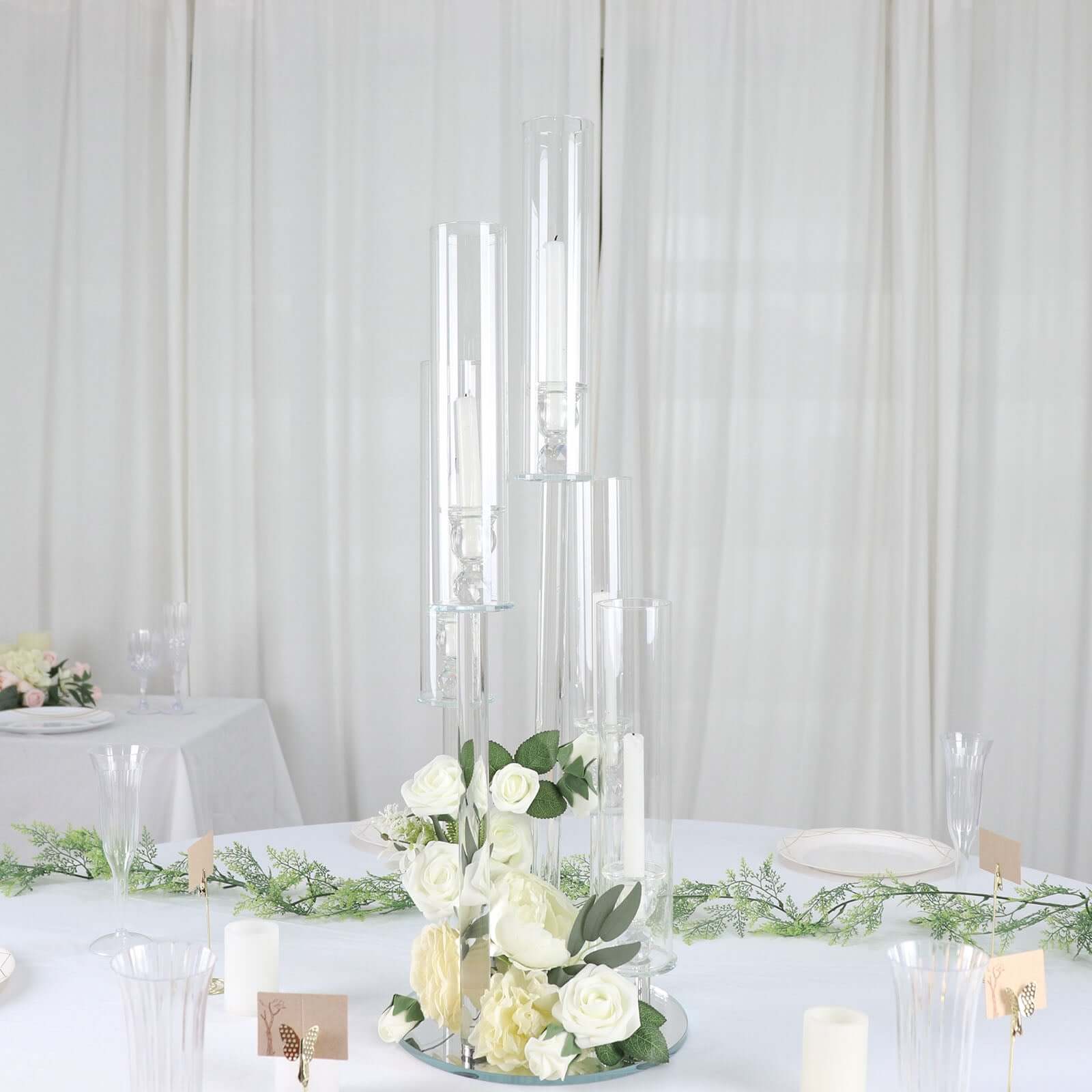5-Arm Round Crystal Glass Candelabra Clear Taper Design - Chic Candle Holder Table Centerpiece for Weddings & Events 32"