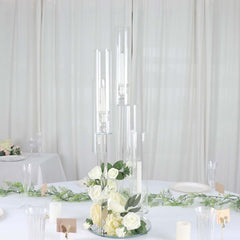 5-Arm Round Crystal Glass Candelabra Clear Taper Design - Chic Candle Holder Table Centerpiece for Weddings & Events 32"