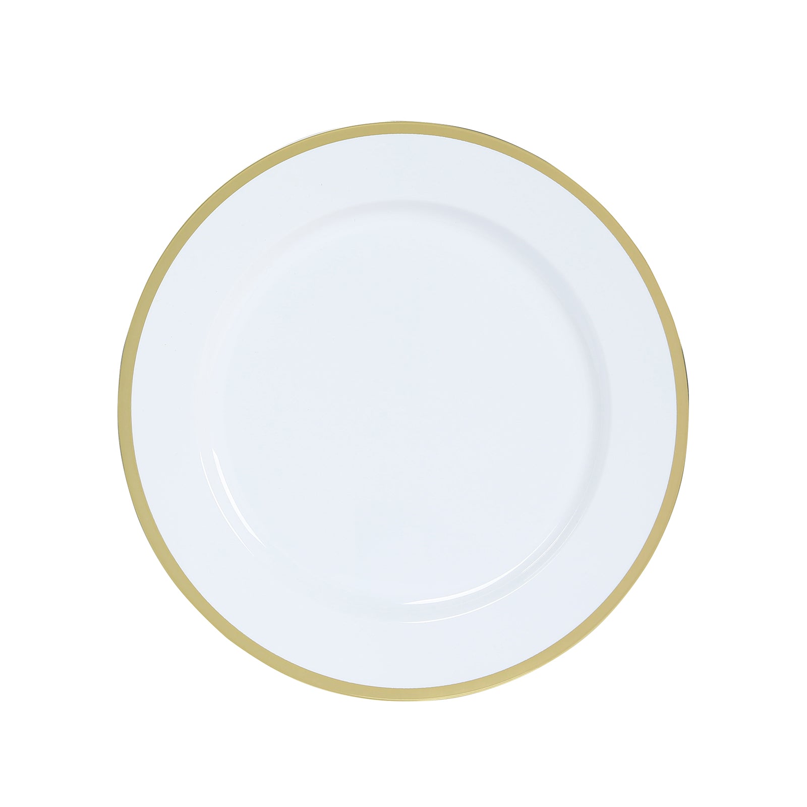 10-Pack Economy Plastic Round Charger Plates 12" in White with Wide Gold Rim, Decorative Dinner Party Serving Plates