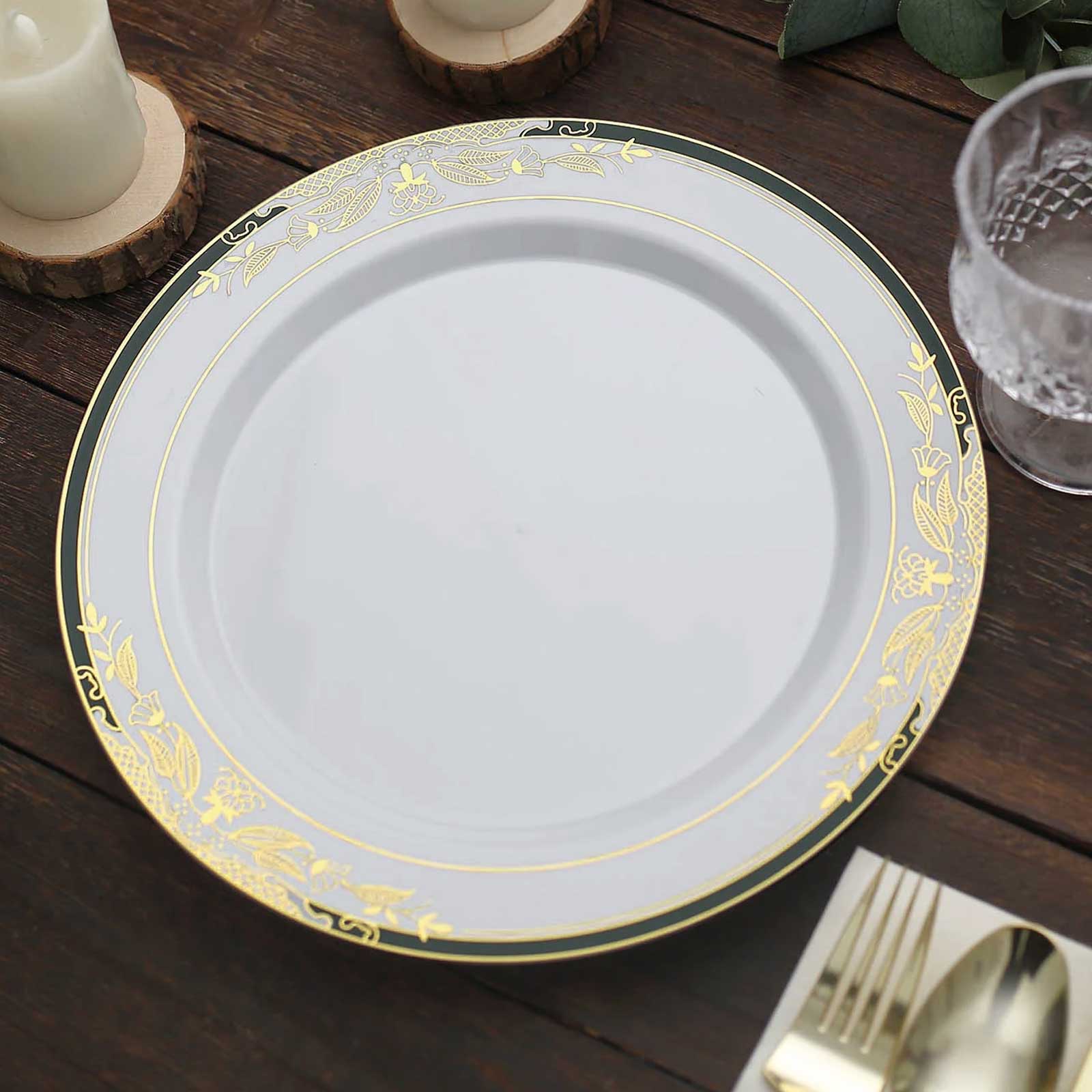 10-Pack Plastic 10" Round Dinner Plates in White with Hunter Emerald Green Rim for Events