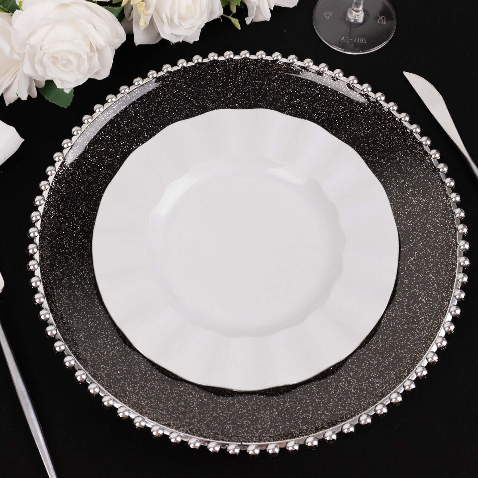 6-Pack Acrylic Round Charger Plates 13" in Transparent Black Silver Glittered with Beaded Rim, Decorative Dinner Party Charger Tableware