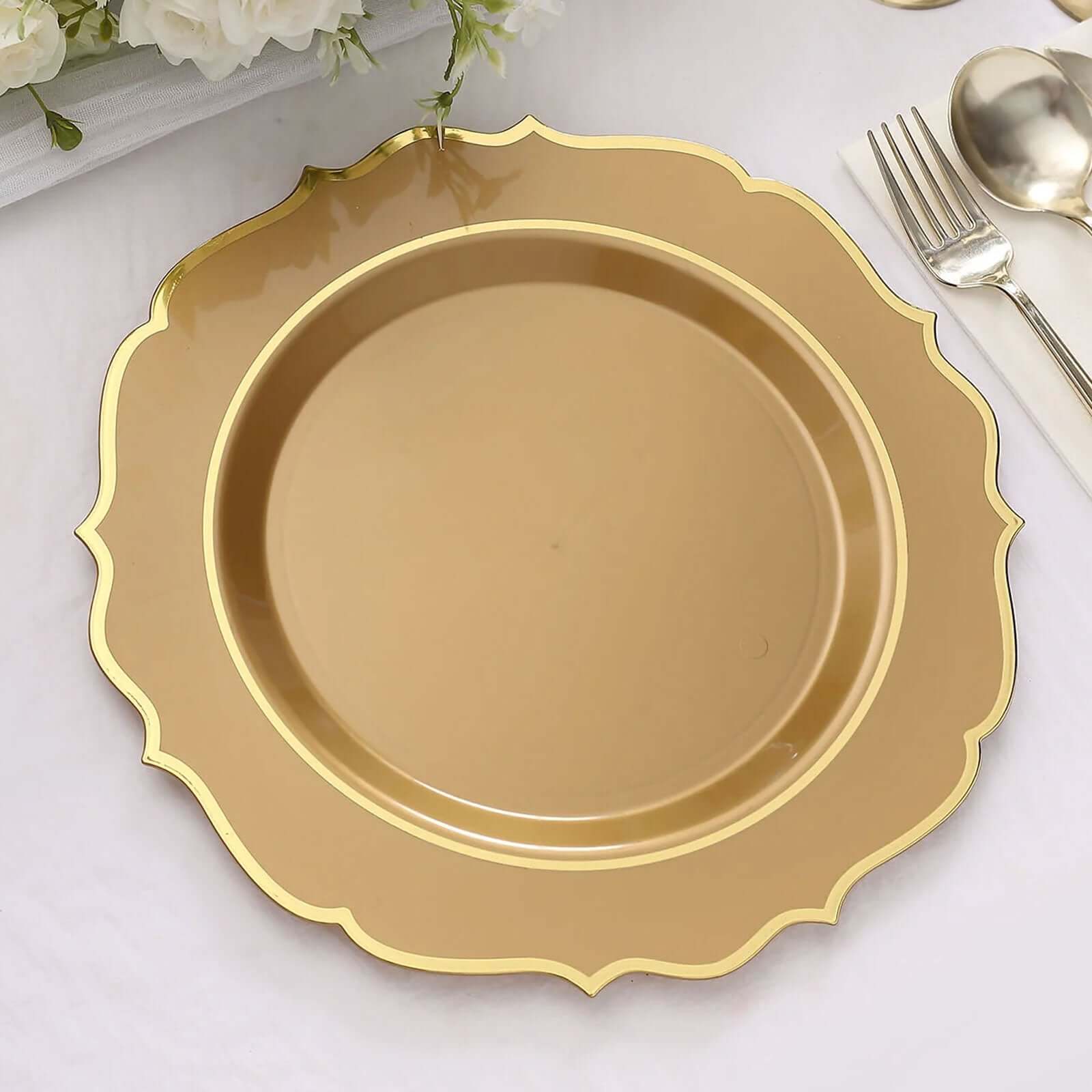 10-Pack Plastic 10" Round Dinner Plates in Gold with Gold Scalloped Rim - Disposable Party Plates
