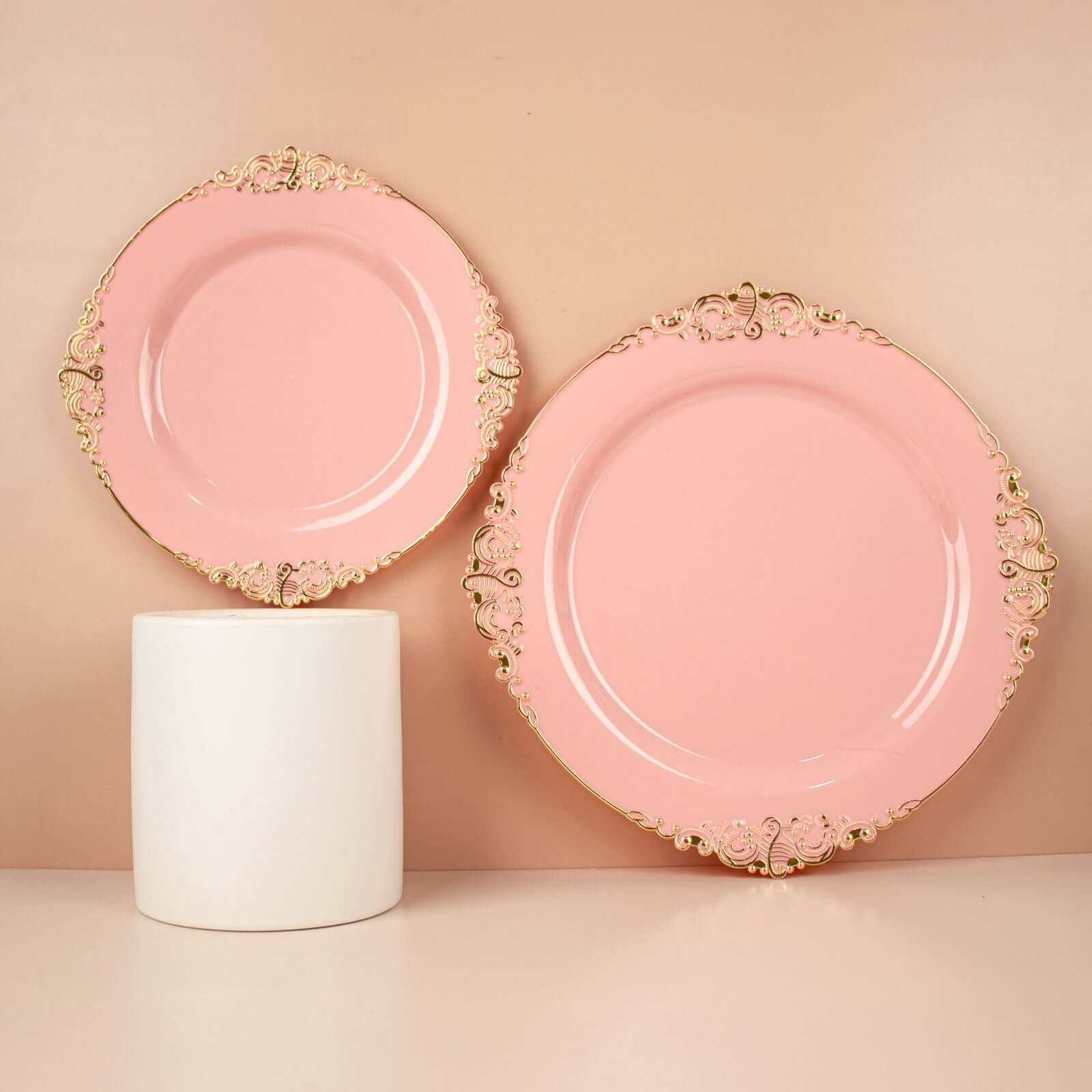 10-Pack Plastic 10" Round Dinner Plates in Dusty Rose with Gold Leaf Embossed Rim - Disposable Vintage Baroque Style Plates