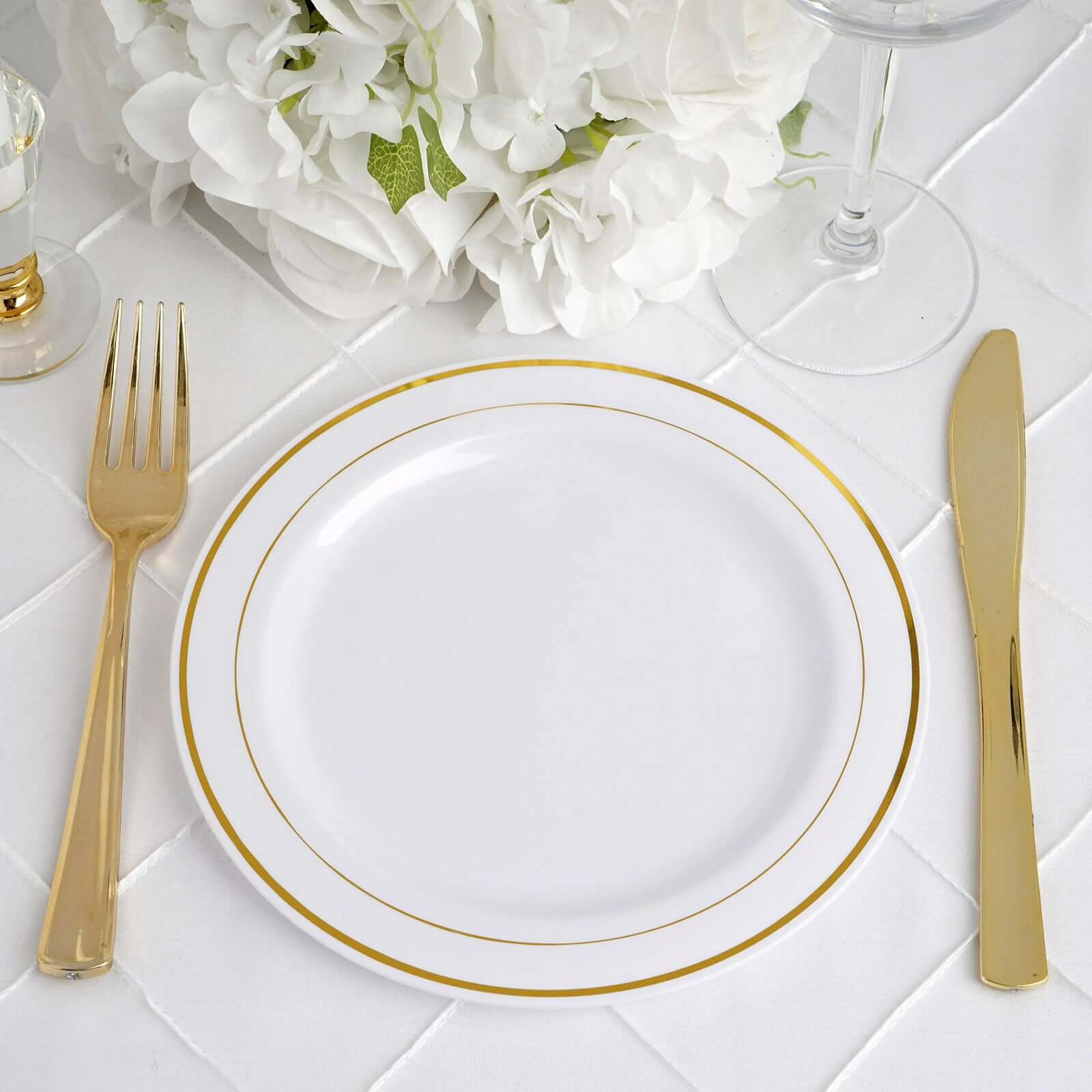 10-Pack Plastic Dessert Plates White with Très Chic Gold Rim - Disposable Plates for Parties 8"