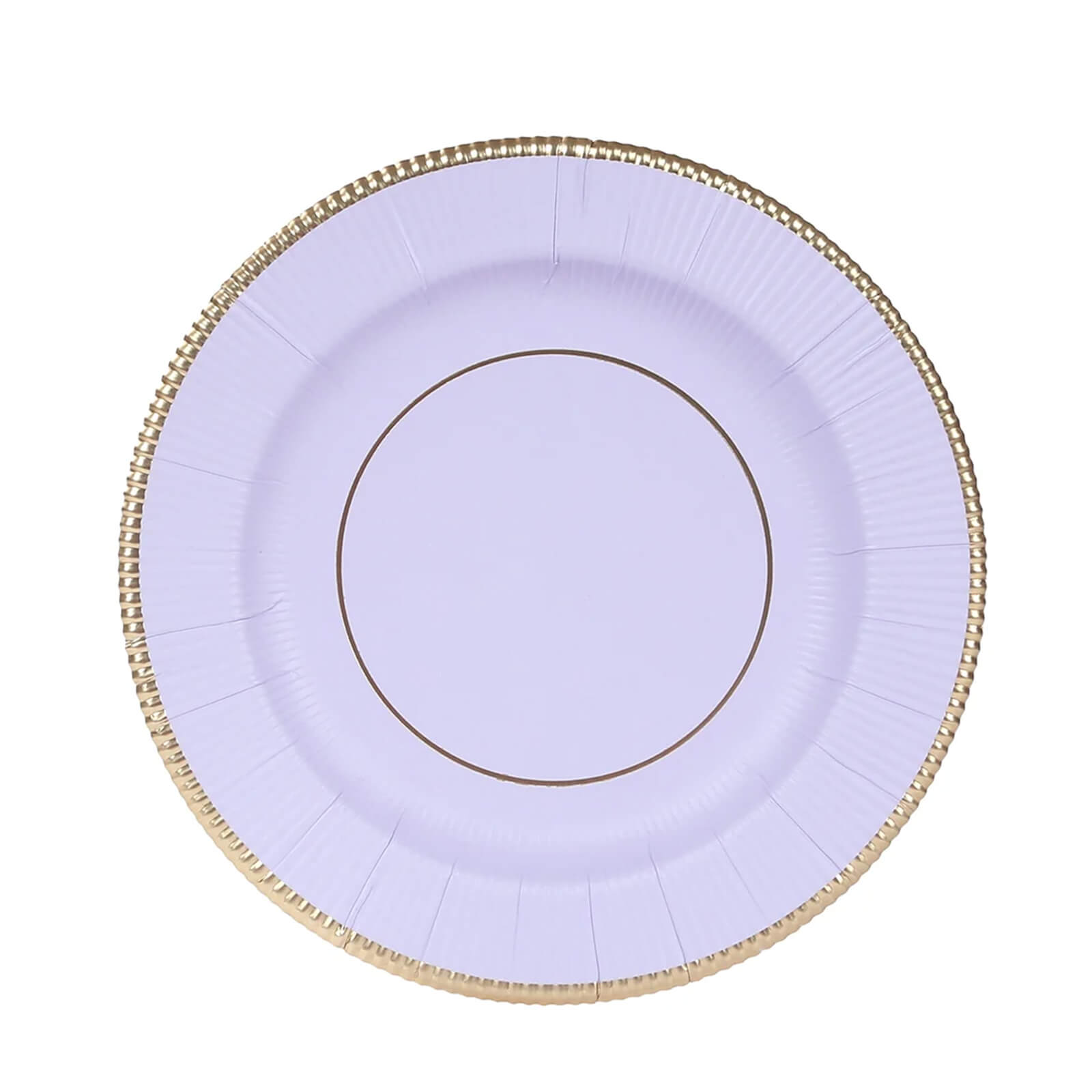 25-Pack Paper 8" Round Dessert Plates in Lavender Lilac Sunray Design with Gold Rim - Disposable Heavy Duty 350GSM Appetizer Salad Plates