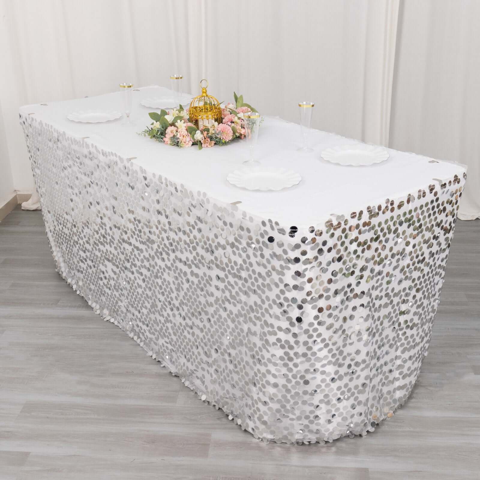 Payette Sequin 21ft Table Skirt Silver - Dual Layered Satin Table Cover
