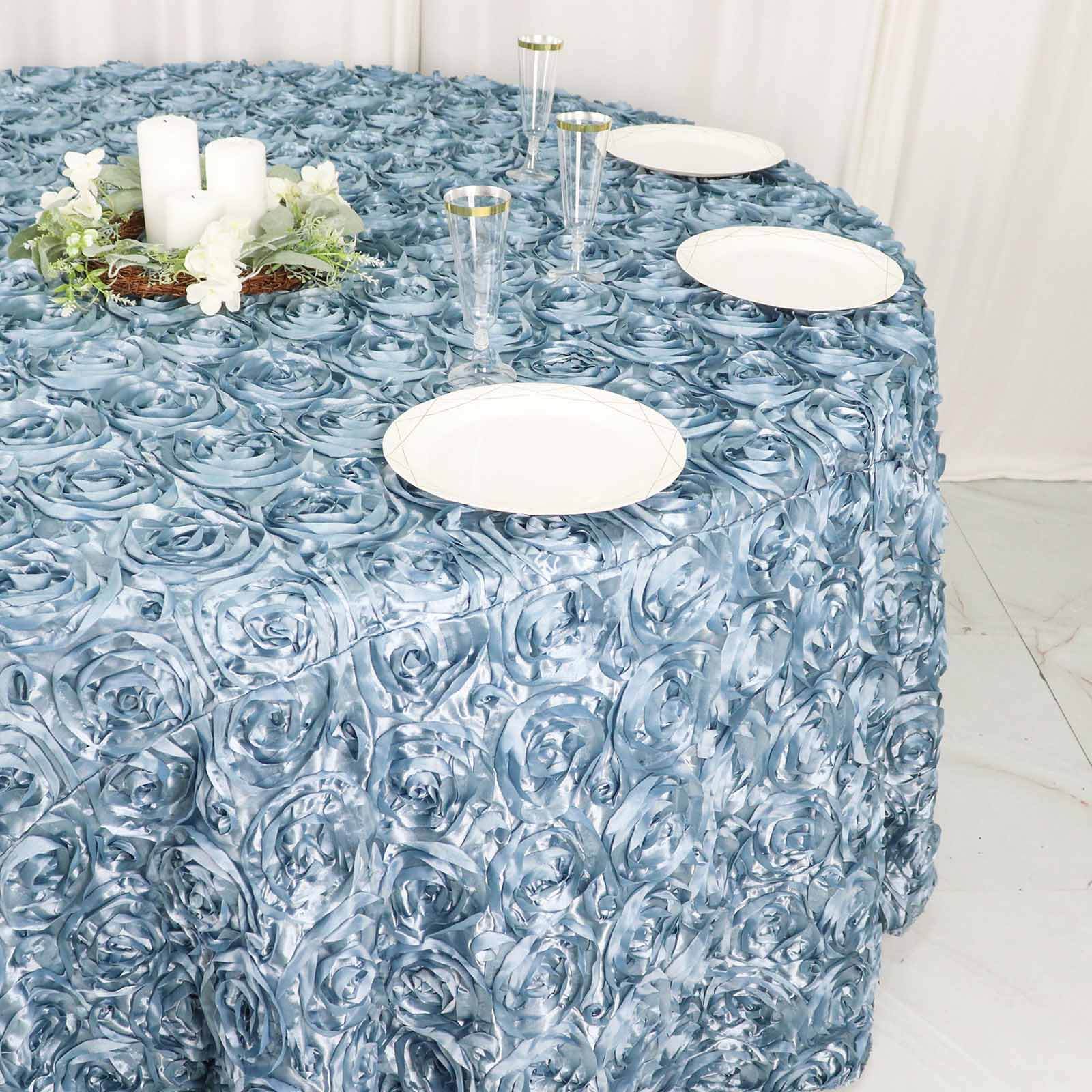Satin 120" Round Tablecloth Dusty Blue - Grandiose 3D Rosette with Seamless Finish Table Cover