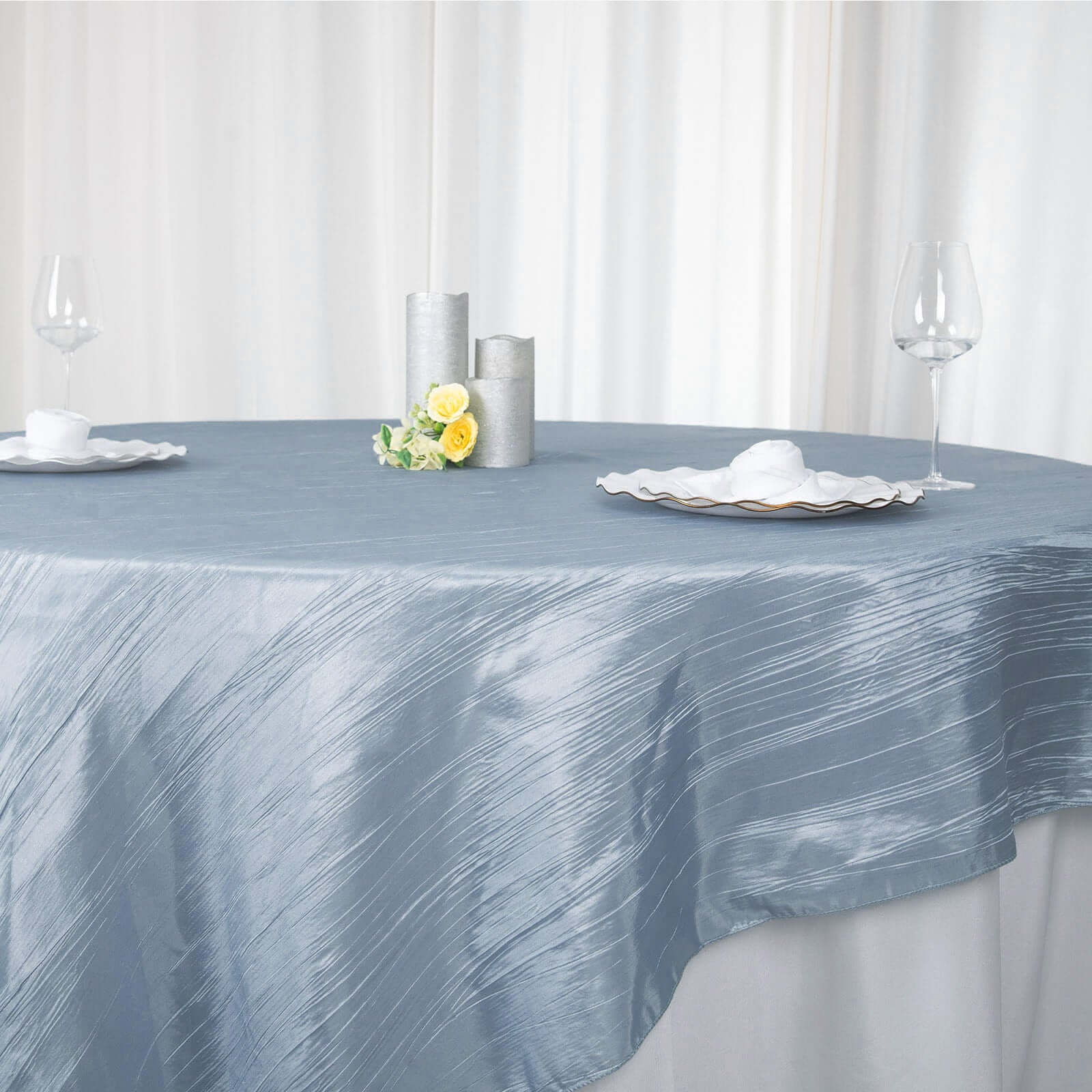 Taffeta 90"x90" Table Overlay Square Tablecloth Dusty Blue - Accordion Crinkle Table Cover