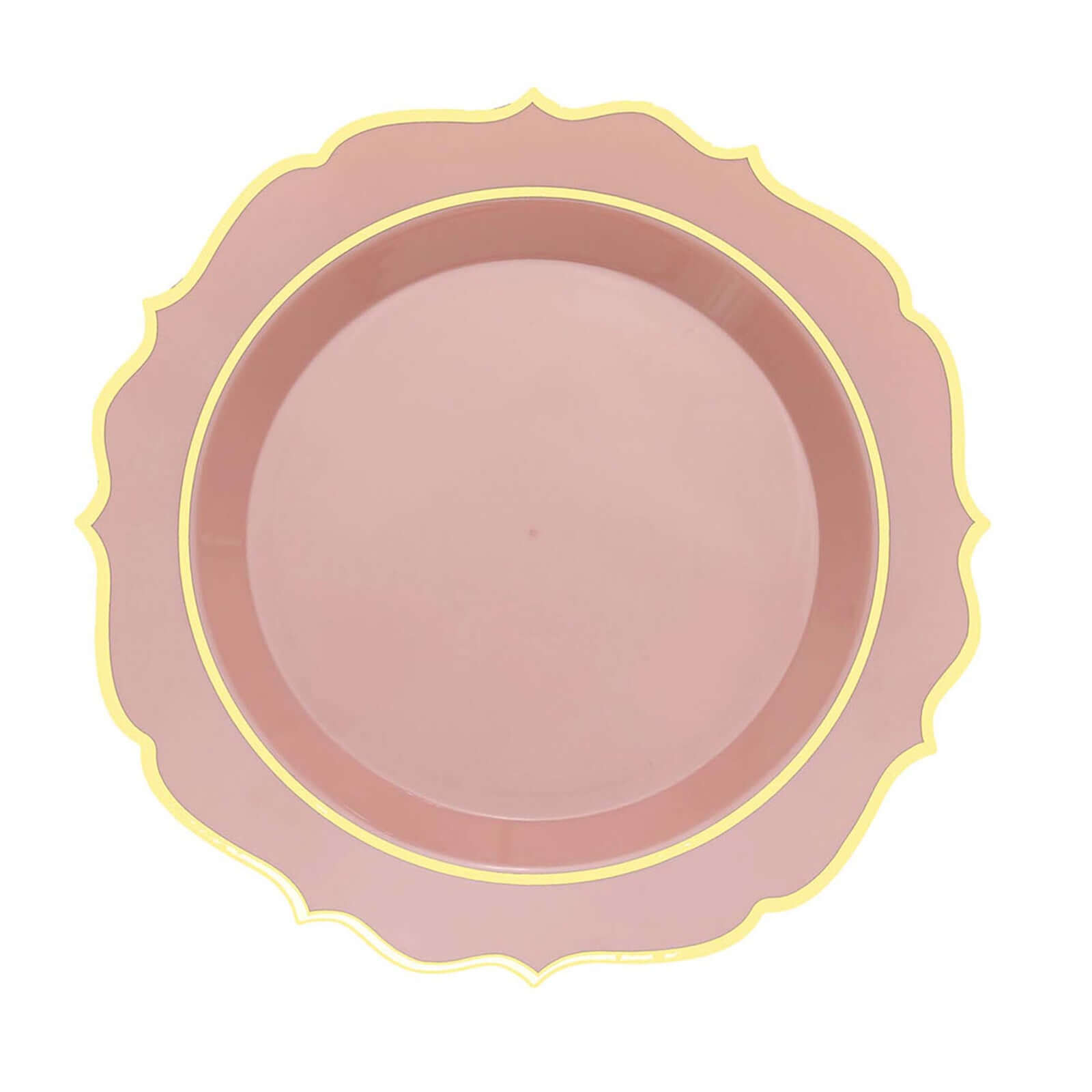 10-Pack Plastic 10" Round Dinner Plates in Dusty Rose with Gold Scalloped Rim - Disposable Party Plates