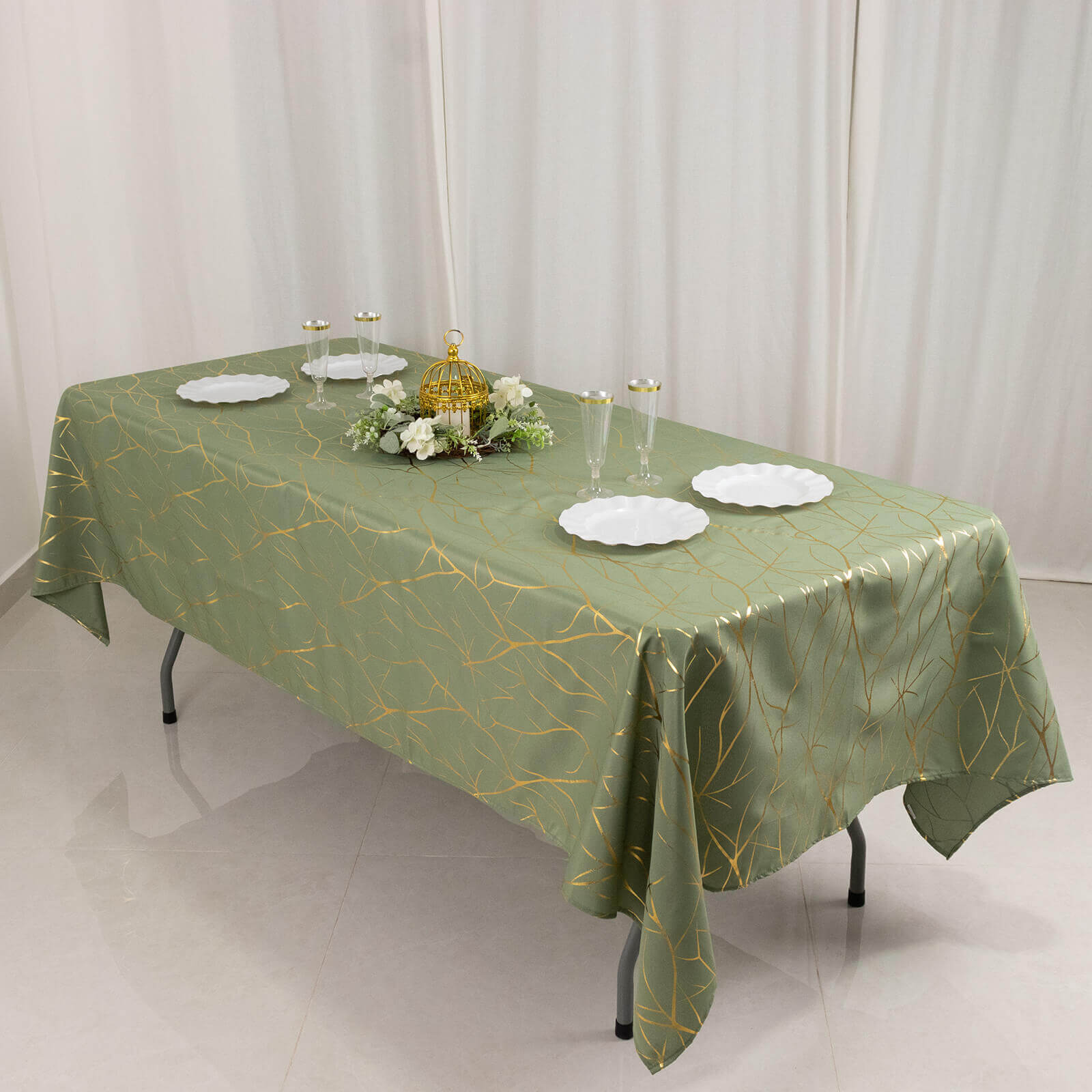 Polyester 60"x102" Rectangle Tablecloth Dusty Sage Green with Gold Foil Tree Branch Pattern - Wrinkle-Resistant & Durable Table Cover