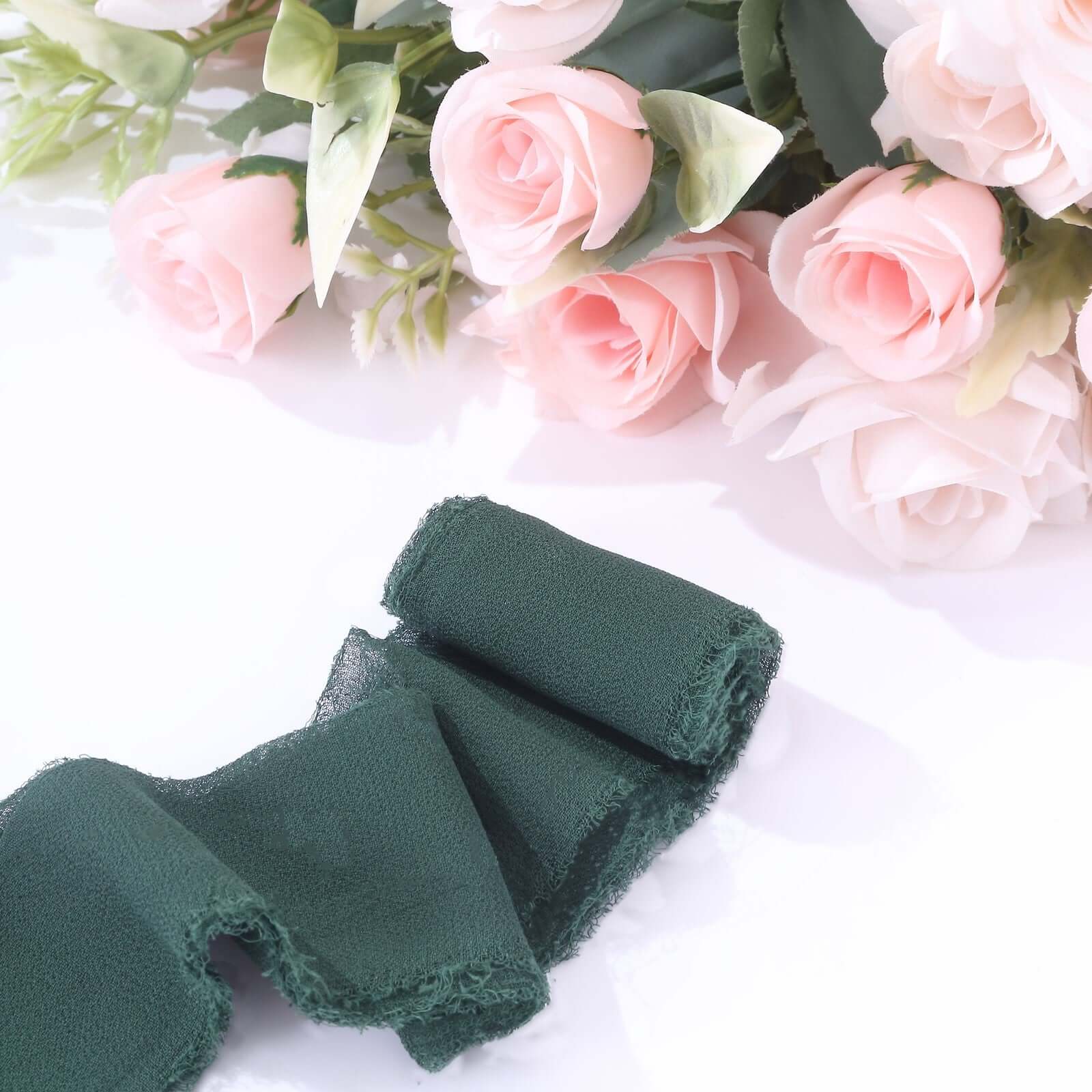 2 Pack 6yds Hunter Emerald Green Silk-Like Chiffon Ribbon Roll, DIY Wedding Bouquet Linen Wrap