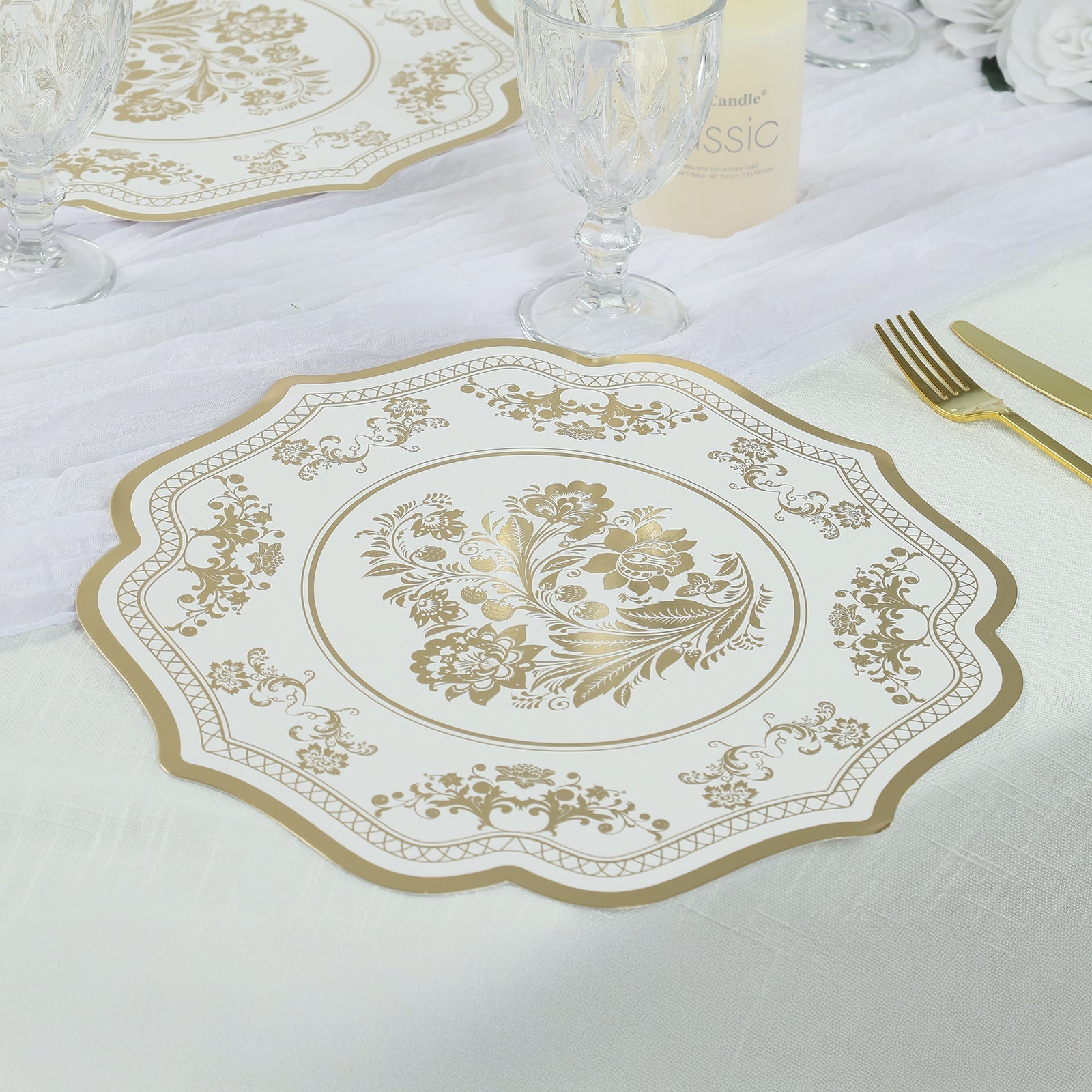 10 Pack Cardboard Paper Table Mats with White Gold Damask Floral Pattern, 13" Round Disposable Placemats with Scalloped Rim - 400 GSM