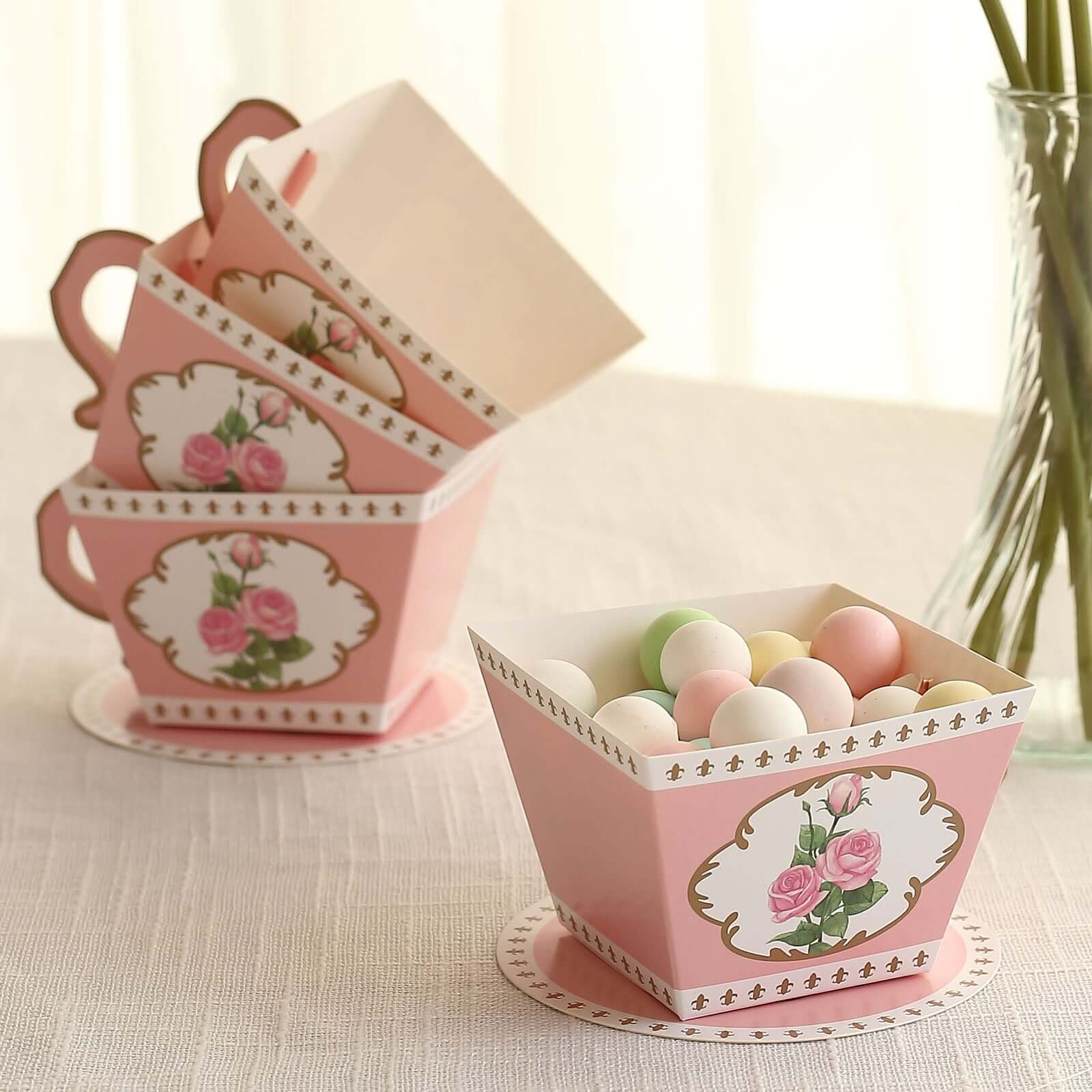 25 Pack Dusty Rose Mini Teacup and Saucer Party Favor Boxes with Rose Floral Print, Tea Time Candy Boxes - 4"x3"