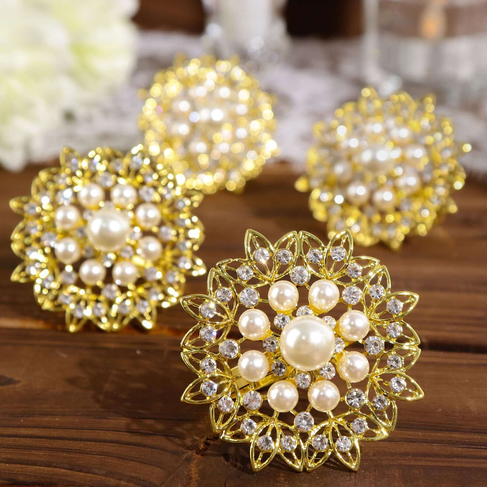 4 Pack Pearl And Diamond Rhinestone Flower Gold Metal Napkin Rings, Decorative Napkin Buckle Holders
