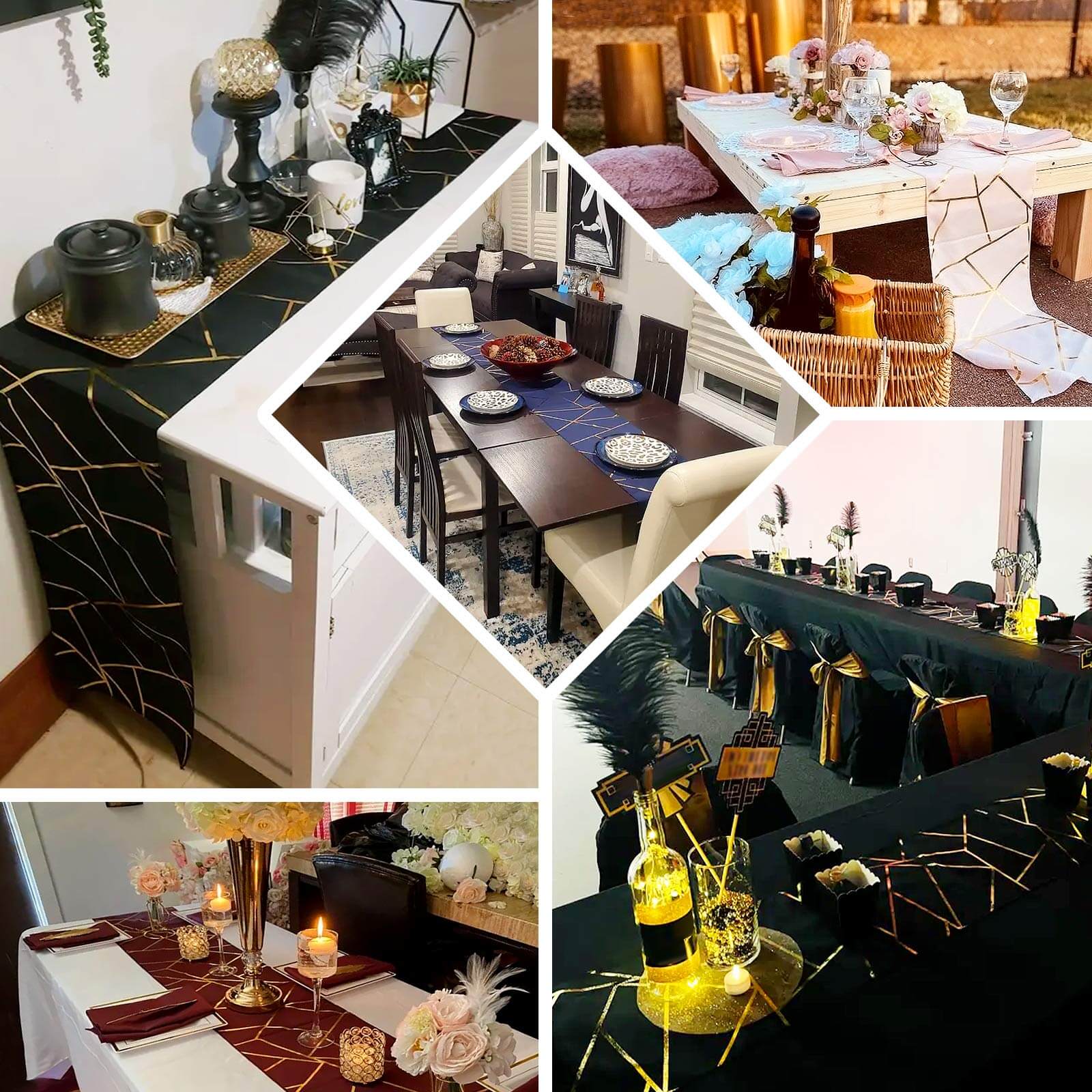 Polyester 9ft Table Runner Teal with Gold Foil Modern Geometric Accent