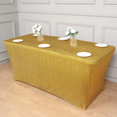 Shimmer Tinsel Spandex 72"x30" Rectangle Tablecloth Metallic Gold Glittered Shiny Stretch Table Cover for Gleaming Event Decor