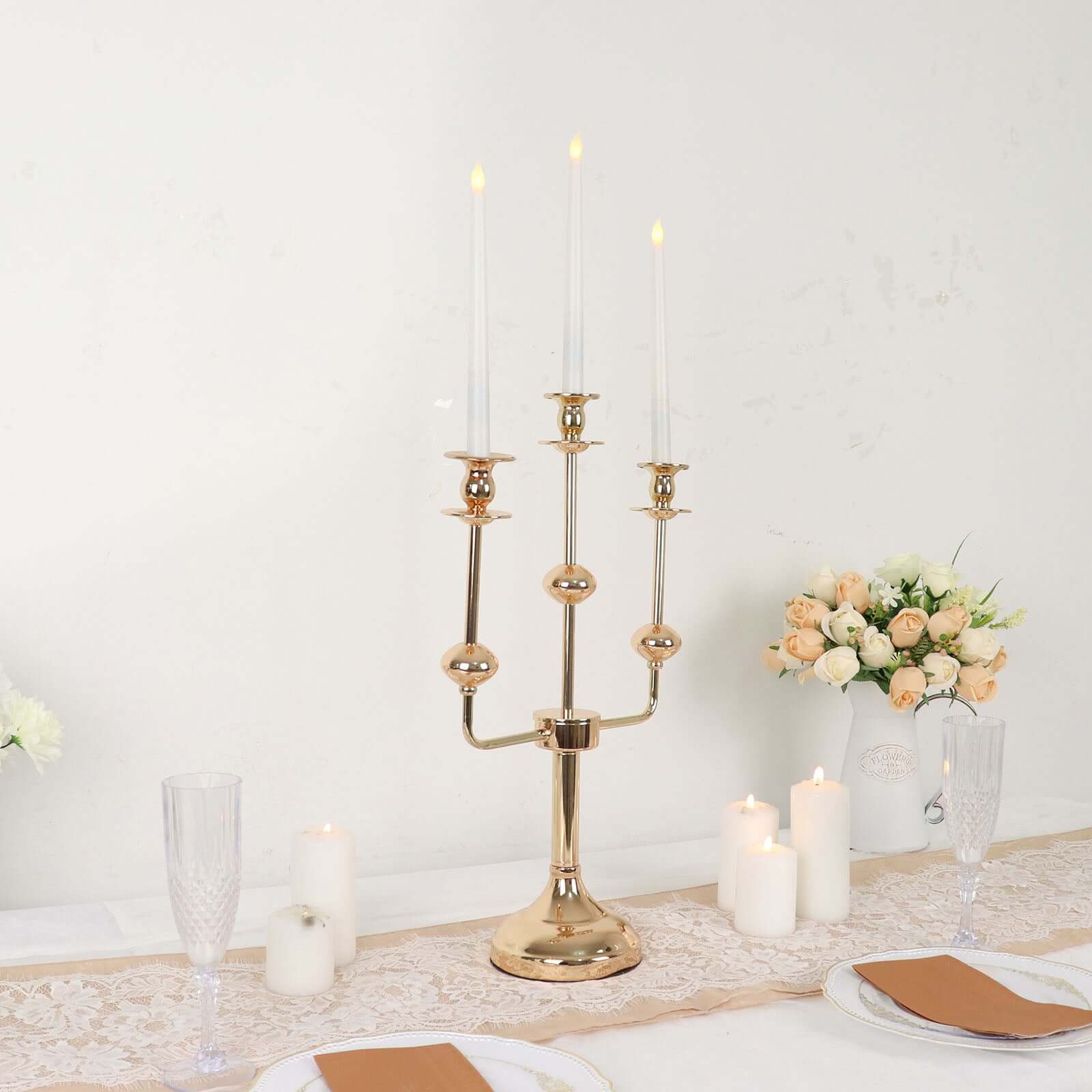 3-Arm Taper Candelabra Candle Holder Stand Gold Metal Wedding Centerpiece - Decorative Display 20"