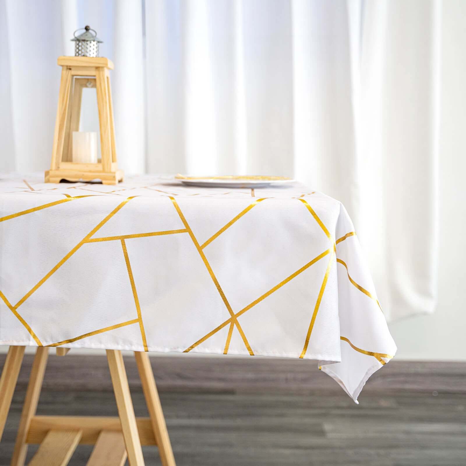 Polyester 54"x54" Square Tablecloth White with Gold Foil Geometric Pattern - Wrinkle-Resistant & Durable for Stylish Settings