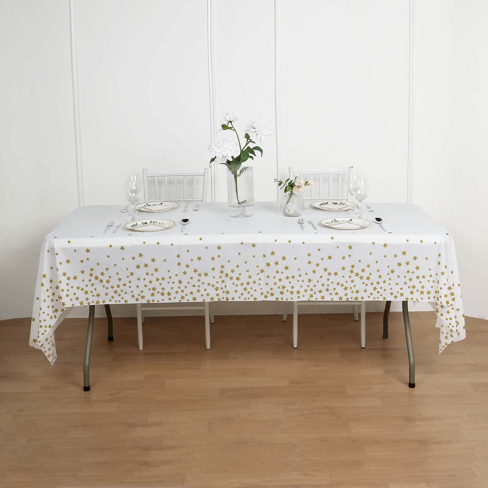 5-Pack Plastic Table Covers White Rectangle with Gold Stars - Decorative PVC Disposable Tablecloths 54"x108"