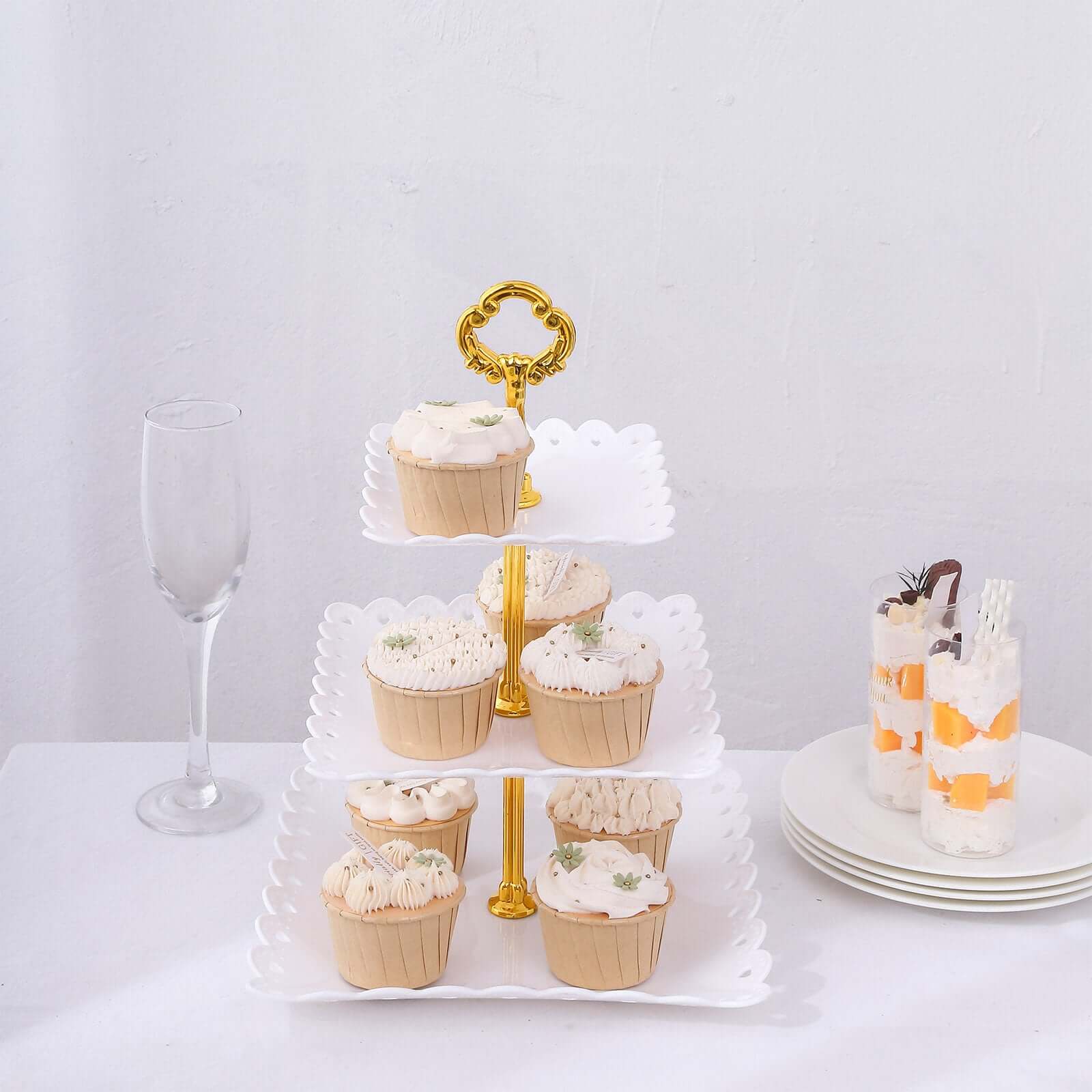 3-Tier Plastic Square Cupcake Stand Tower White - Charming Disposable Dessert Display Serving Tray Platter with Heart Wavy Edge & Gold Top Handle for Tea Parties Weddings & Special Occasions 13"
