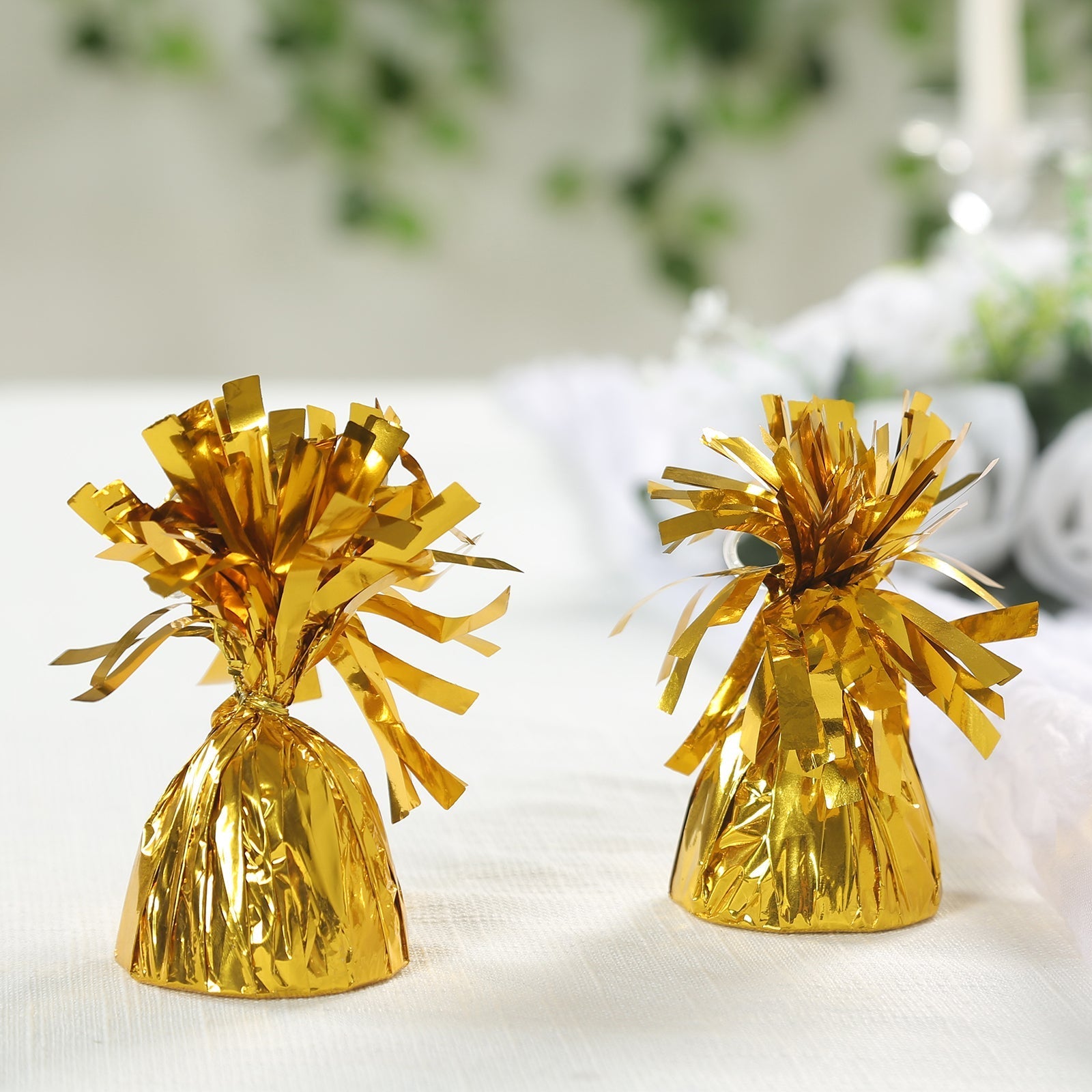 12 Pack 5" Metallic Gold Foil Tassel Top Party Balloon Weights, 5.5oz