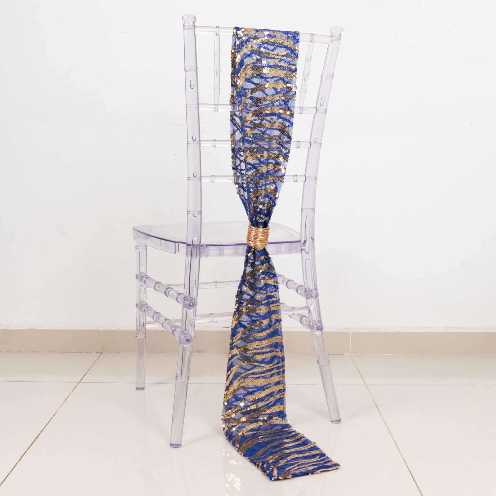 5 Pack Chair Sashes with Wave Embroidered Sequins Royal Blue/Gold 6"x88"