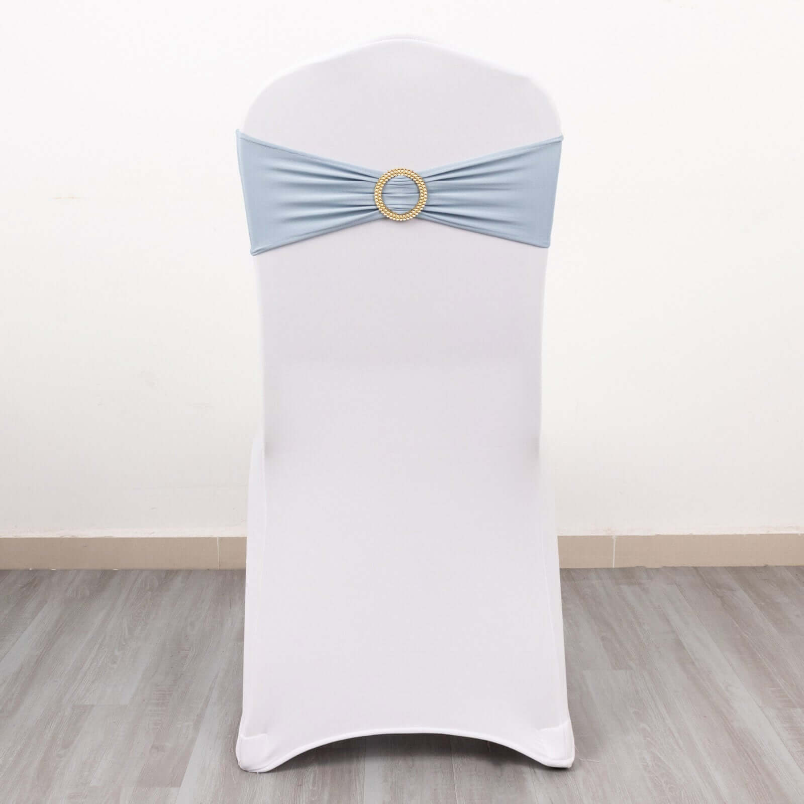 5 Pack Spandex Chair Sashes Dusty Blue with Gold Rhinestone Buckles - Reusable Four-Way Stretch Sash Bands 5"x14"