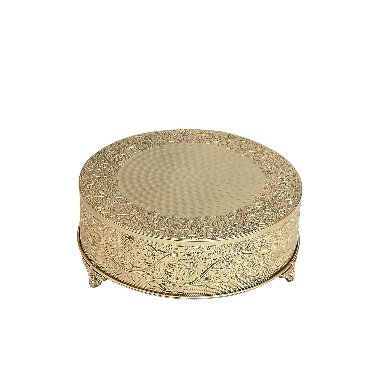 Metal 14" Round Cake Pedestal Stand Matte Gold - Cupcake Dessert Display Riser with Intricate Embossed Design for Upscale Events & Gatherings