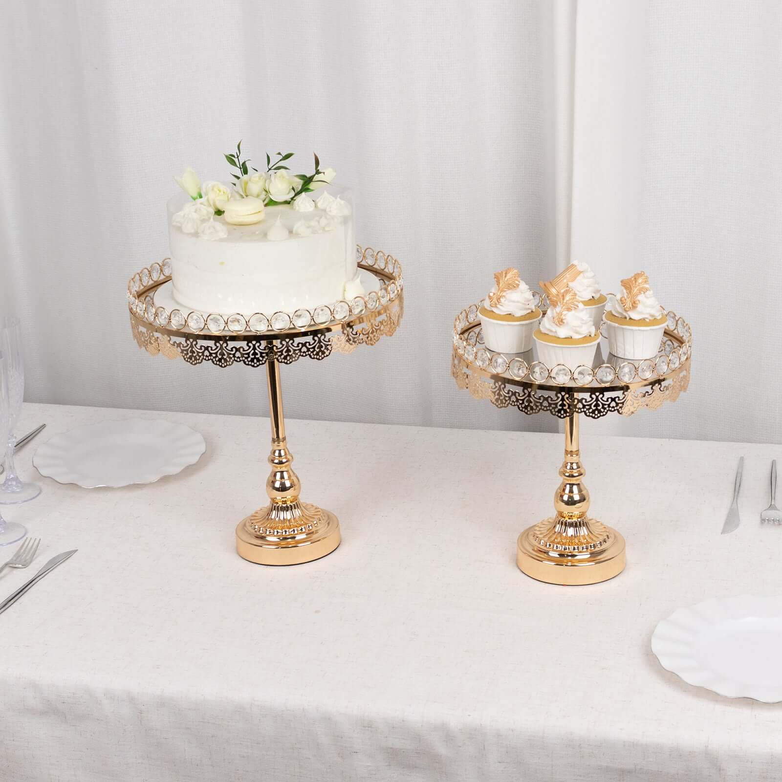 Set of 2 Pedestal Cake Stands Round Design with Mirror Top Gold - Crystal Beaded Cupcake Dessert Display Metal 11", 13"