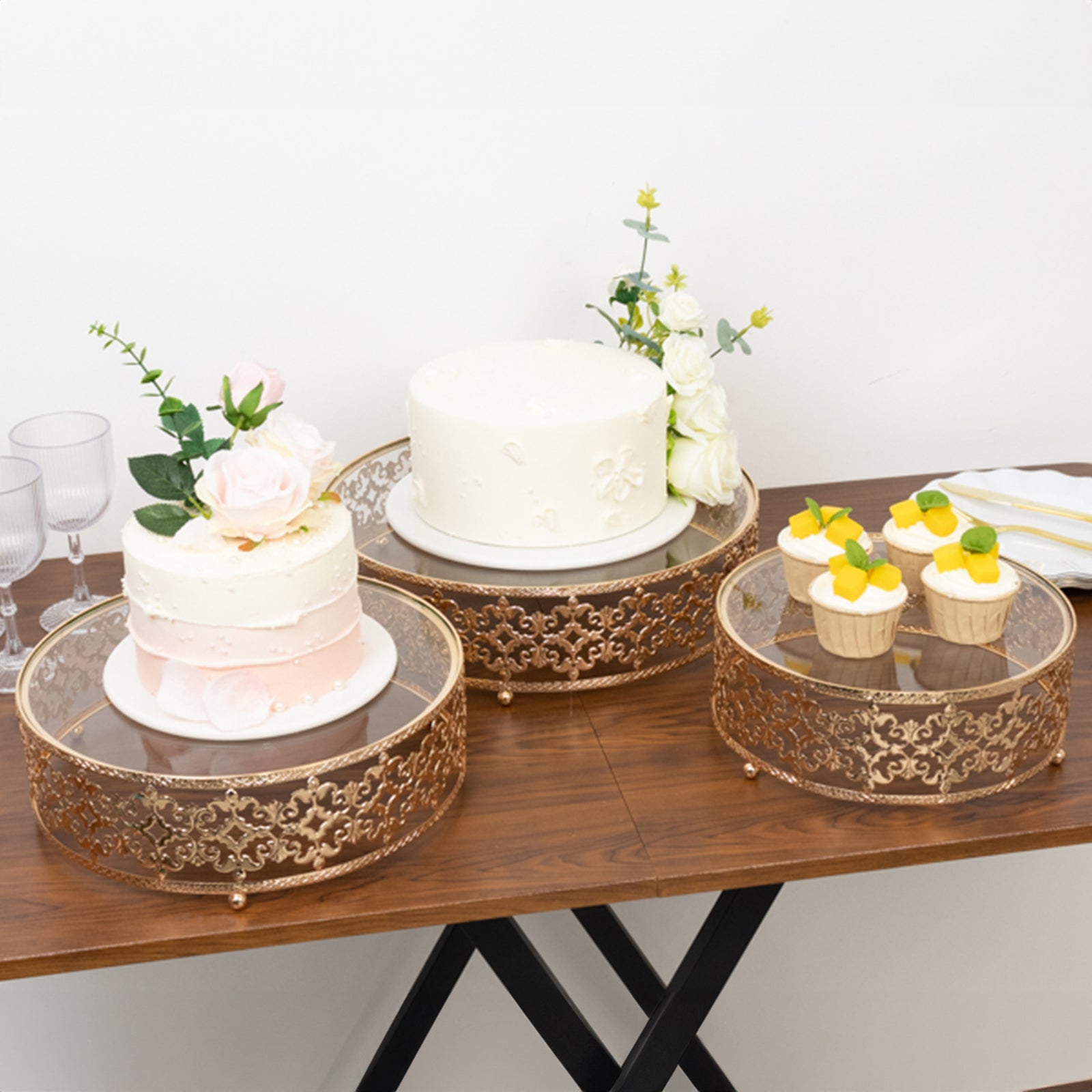 Set of 3 Cake Stands Baroque Ornate Design with Glass Top Gold - Stackable Dessert Display Trays Metal 10", 12", 14"