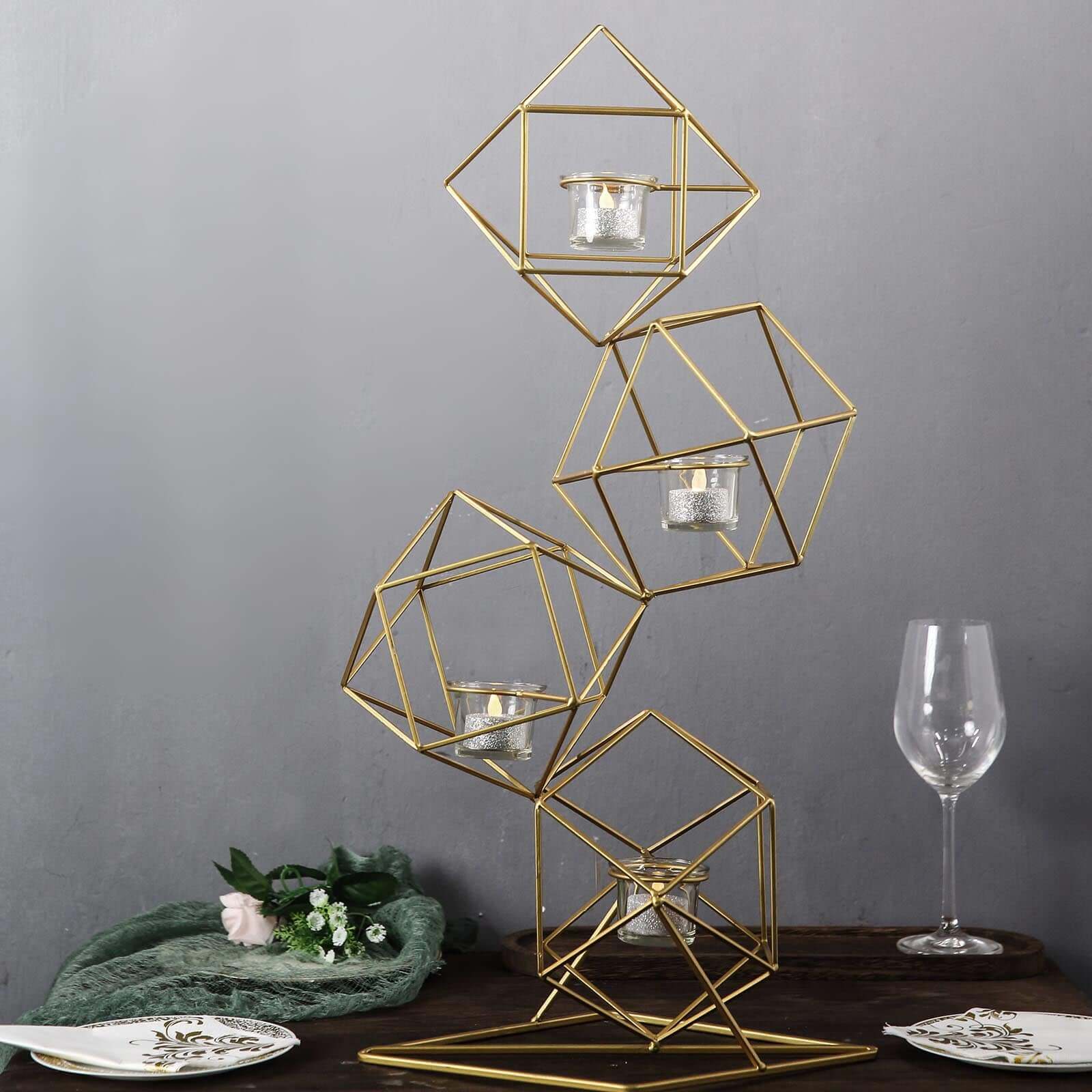 Tealight Candle Holder Metal Linked Geometric Design Gold with Votive Glass Holders - Sophisticated Decor for Tables & Gatherings 25"