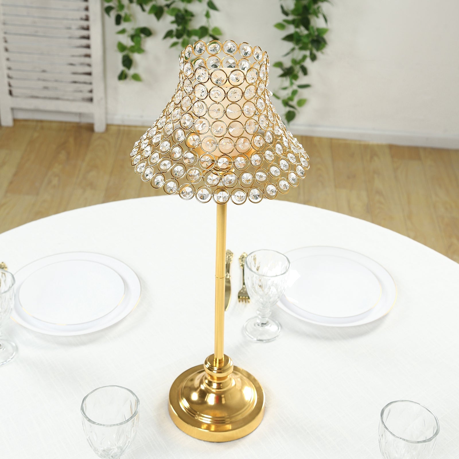 24" Tall Crystal Beaded Candle Stand – Gold Metal Centerpiece with Lamp-Inspired Shade for Tables & Events
