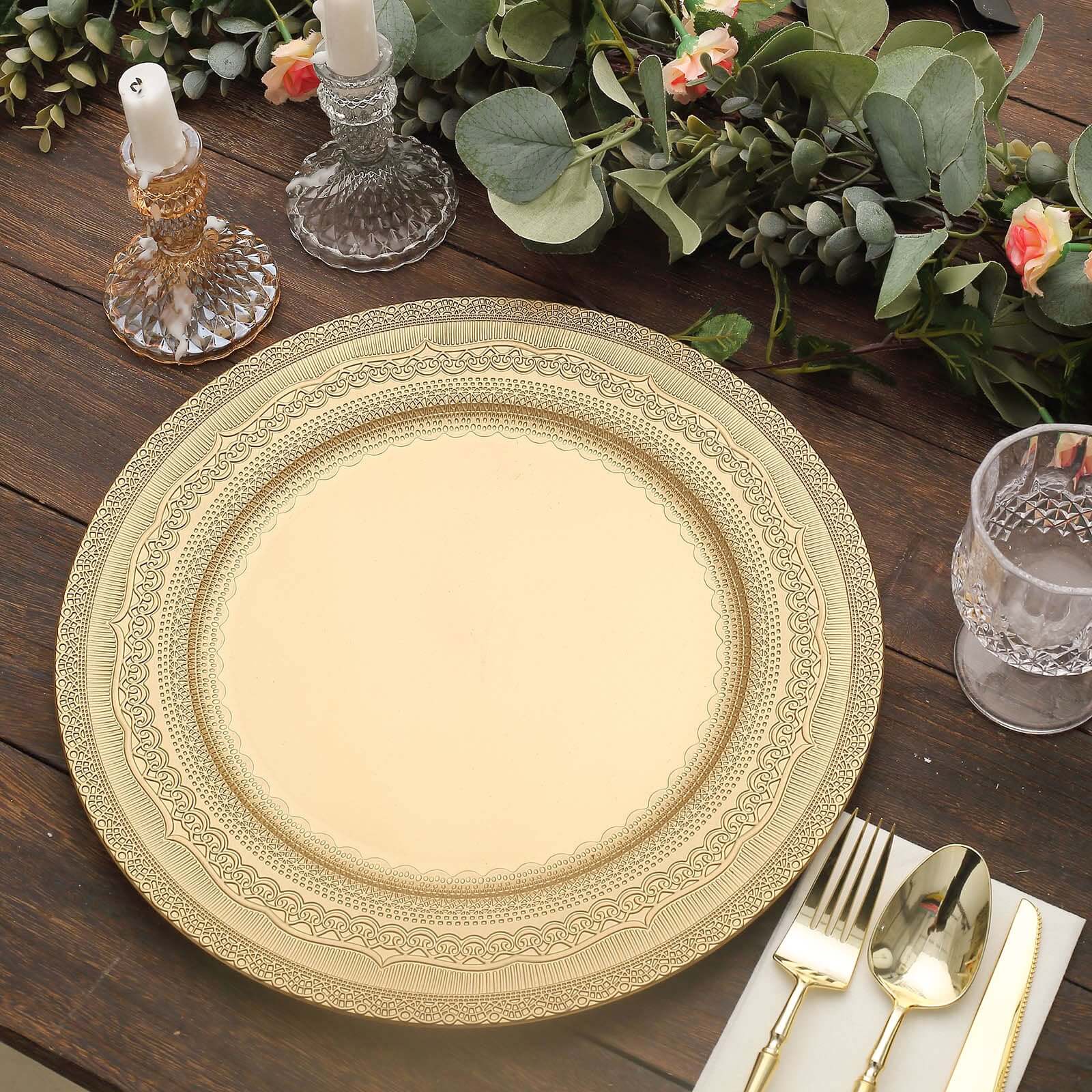 6-Pack Acrylic Round Charger Plates 13" in Gold with Lace Embossed Rim, Rustic Plastic Decorative Charger Tableware