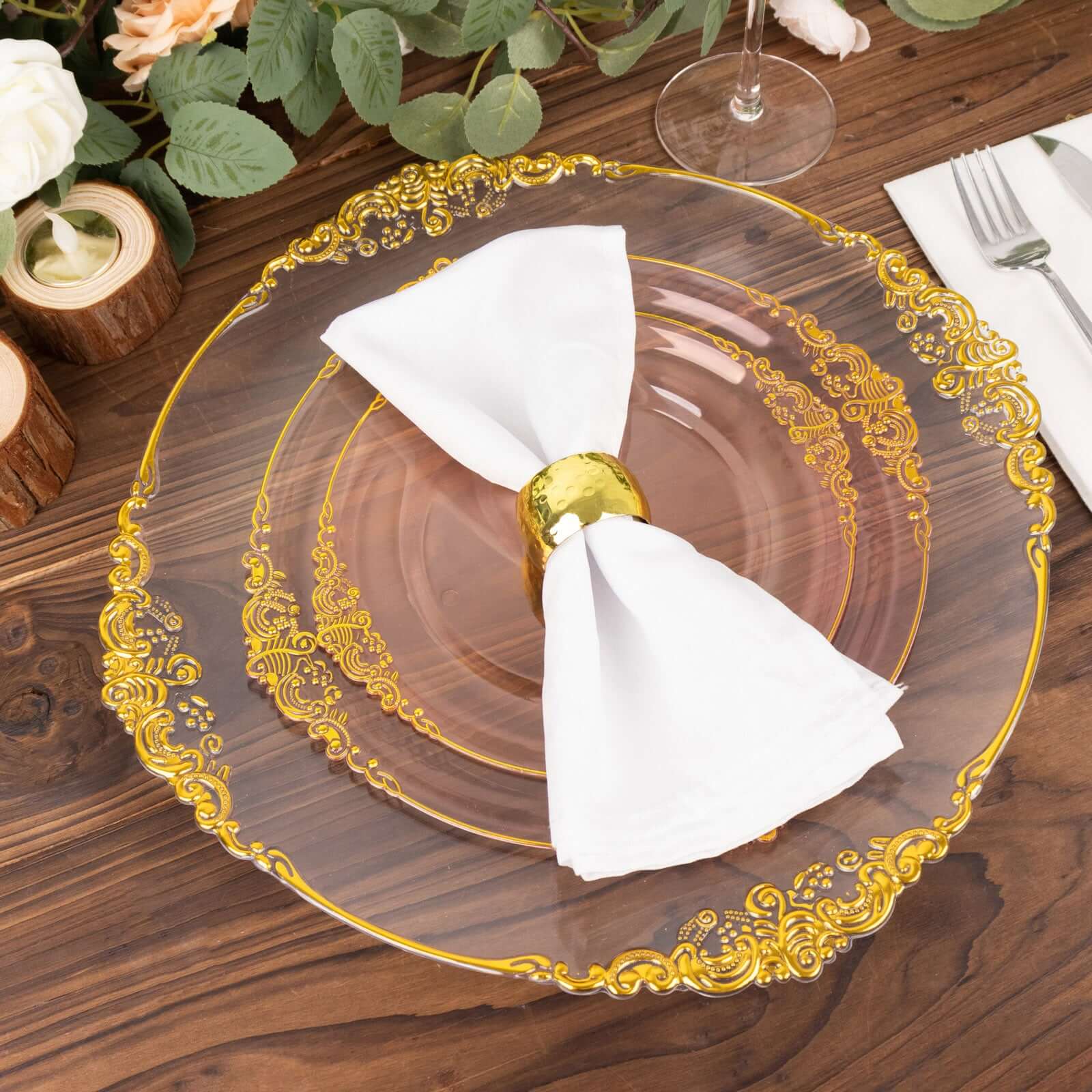 10-Pack Plastic 10" Round Dinner Plates in Transparent Blush with Gold Leaf Embossed Rim - Disposable Vintage Baroque Style Plates