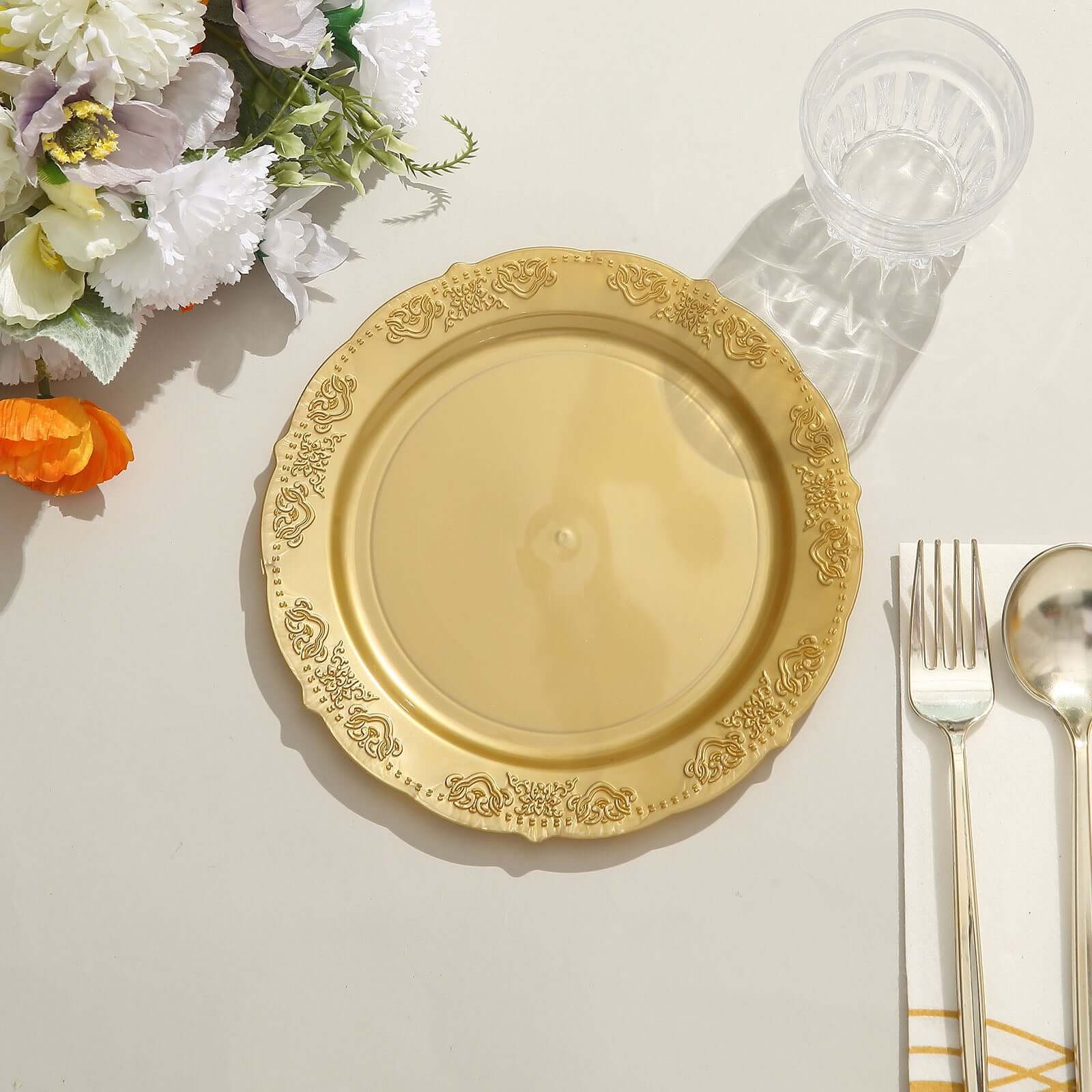 10-Pack Plastic 7.5" Round Appetizer Plates Gold Embossed Scalloped Edge - Chic Disposable Salad Plates for Special Occasions & Banquets