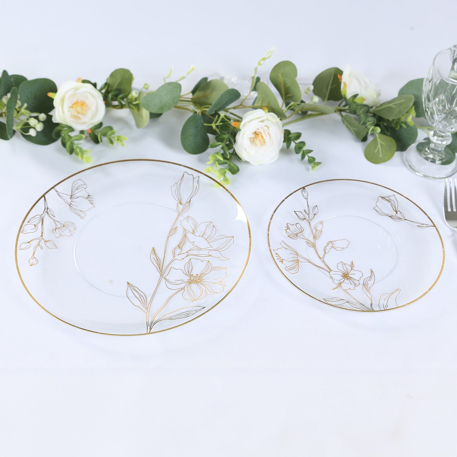 Set of 20 Plastic Round Dinner and Dessert Plates in Clear with Metallic Gold Floral Design - Stylish Disposable Dinnerware 8", 10"