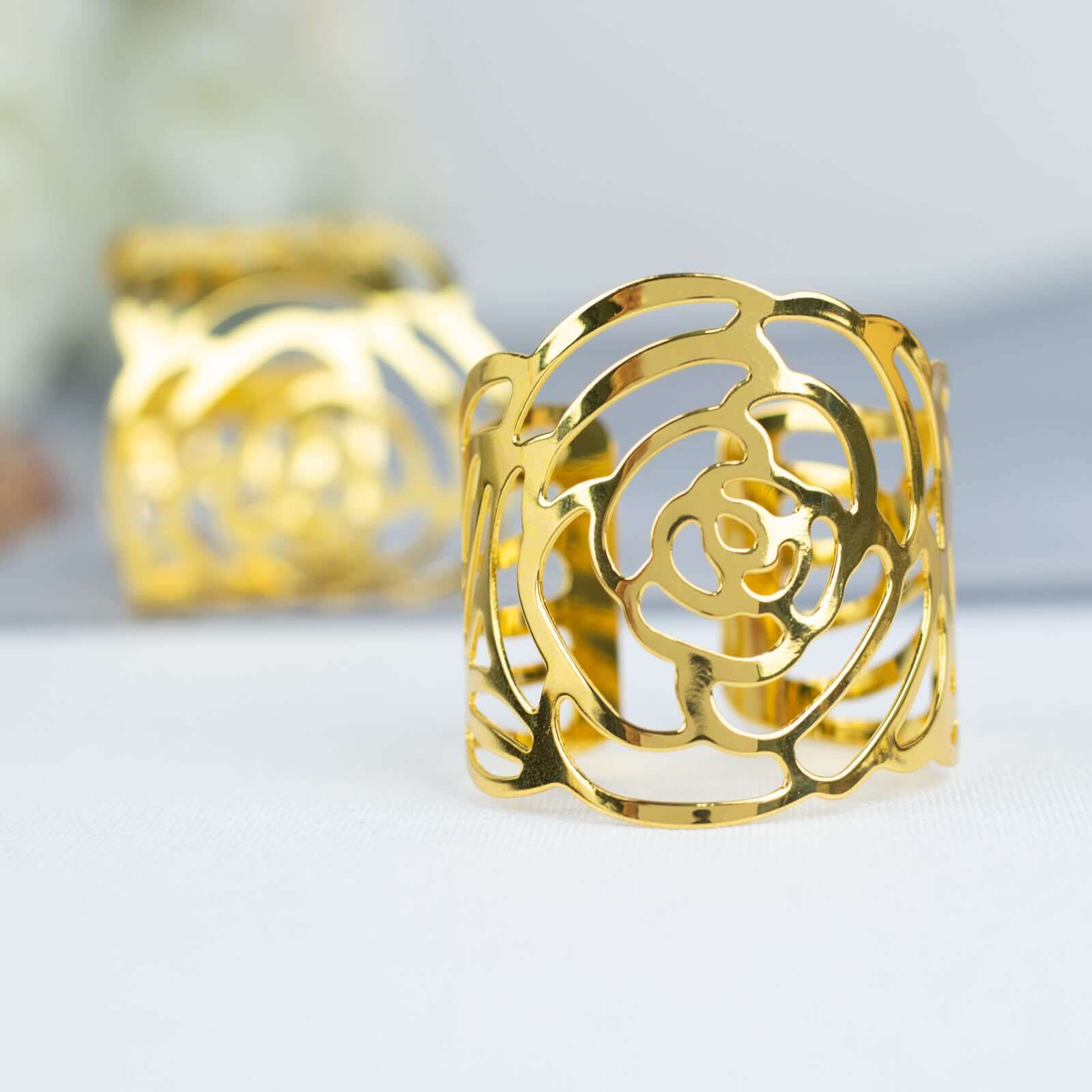 4 Pack Shiny Gold Laser Cut Rose Round Metal Napkin Rings, Decorative Flower Napkin Holders