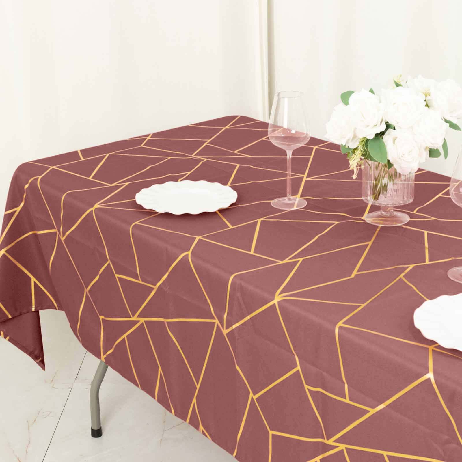 Polyester 60"x102" Rectangle Tablecloth Cinnamon Rose with Gold Foil Geometric Pattern - Wrinkle-Resistant & Durable Table Cover