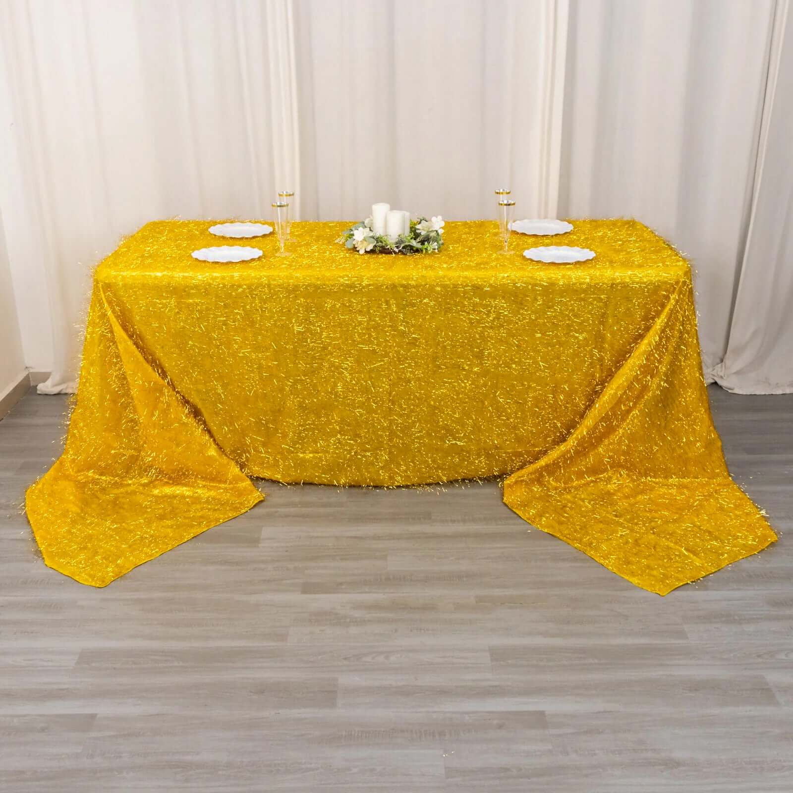 Polyester 90"x156" Rectangle Tablecloth Gold Metallic Fringe Shag Tinsel Design Table Cover for Events Decor