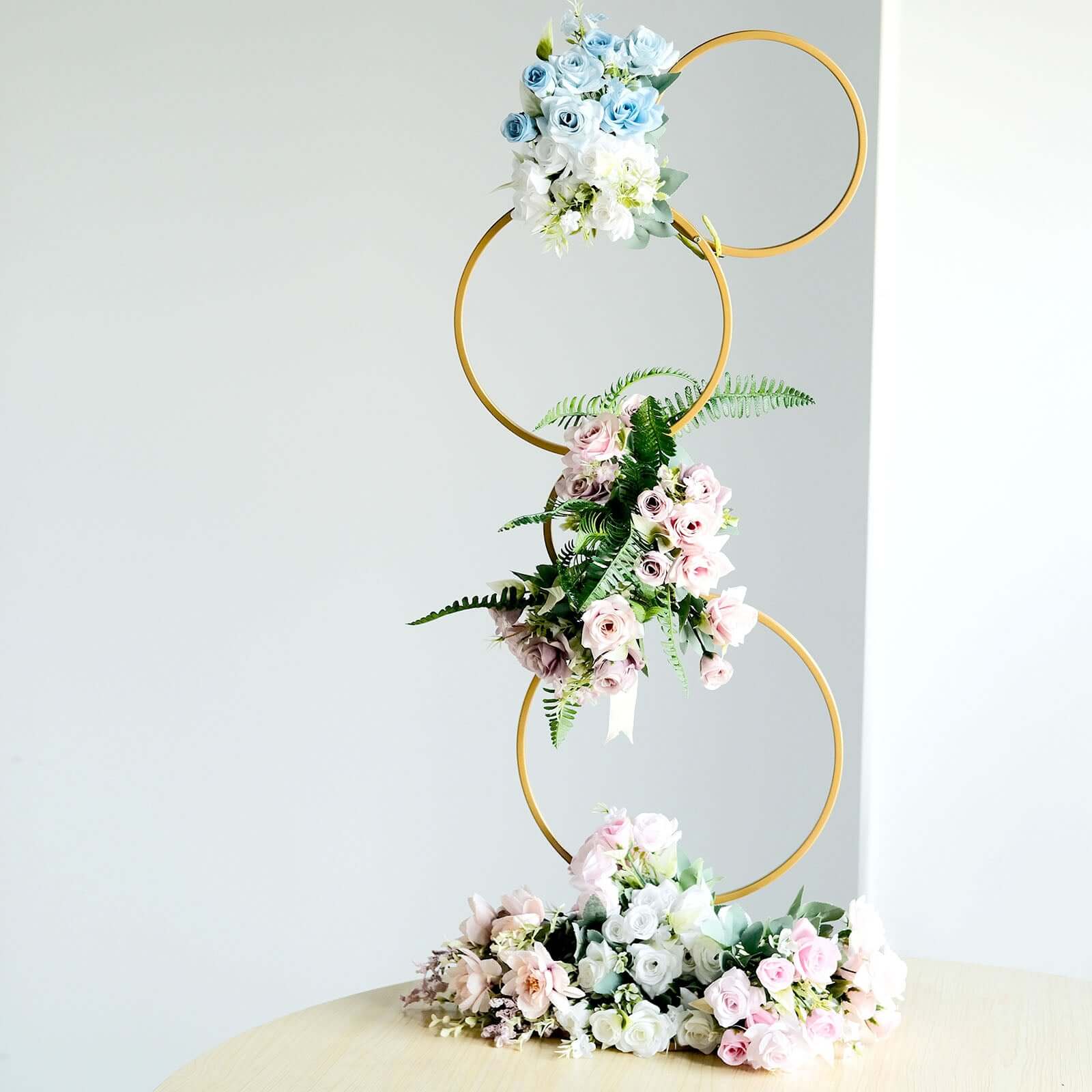 3ft 4-Tier Gold Metal Hoop Pillar Flower Stand, Wreath Wedding Arch Table Centerpiece