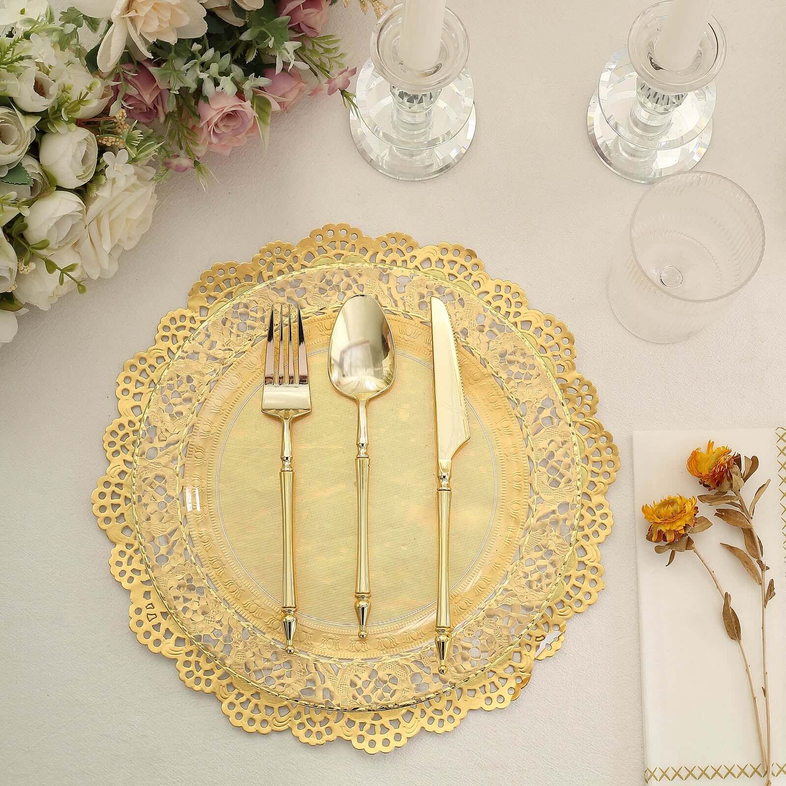 50 Pcs Paper 12" Round Placemats in Gold - Food Grade Lace Paper Doilies for Dessert Display & Table Decor