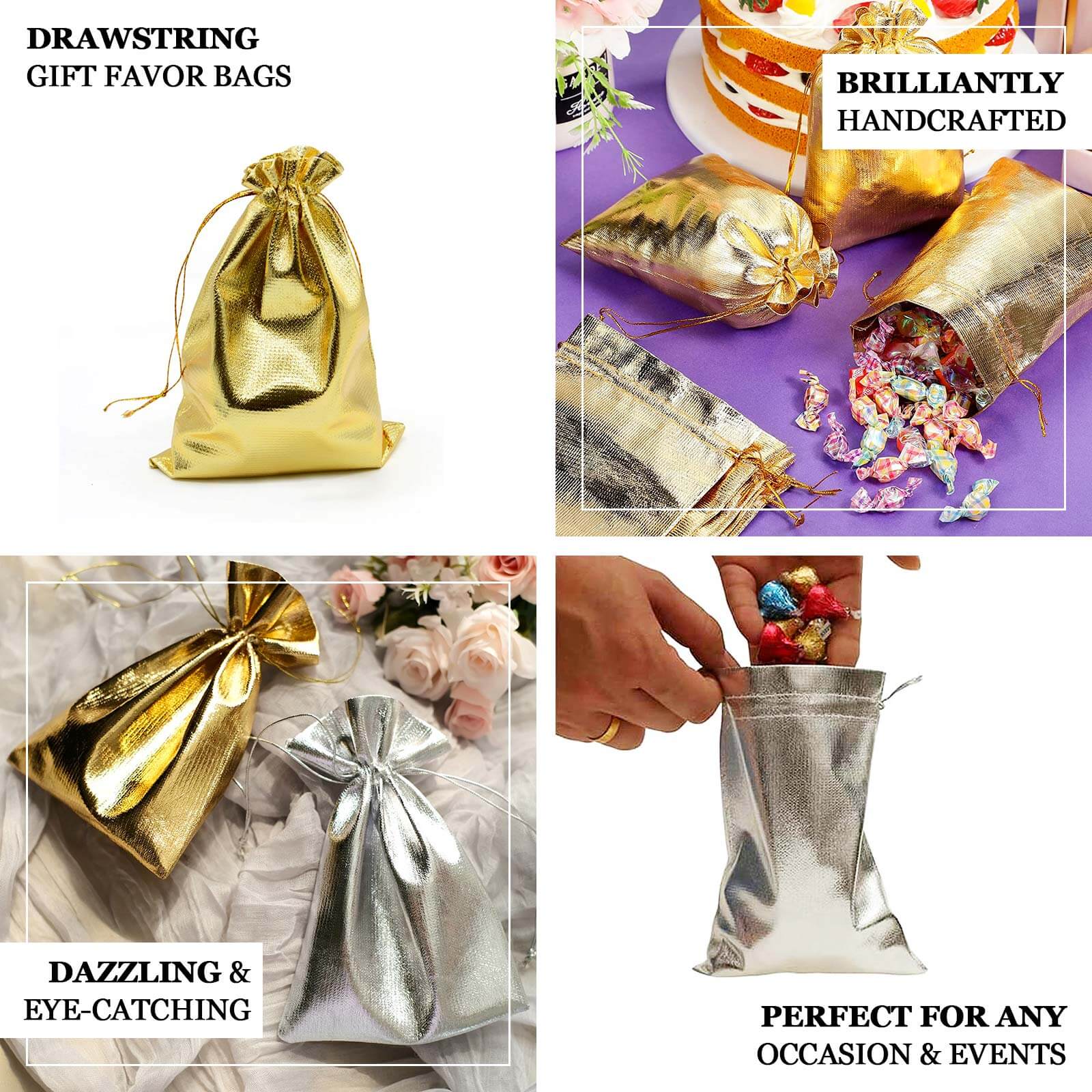 10 Pack Metallic Gold Lame Polyester 5"x7" Party Favor Gift Bags, Shiny Fabric Drawstring Candy Pouch