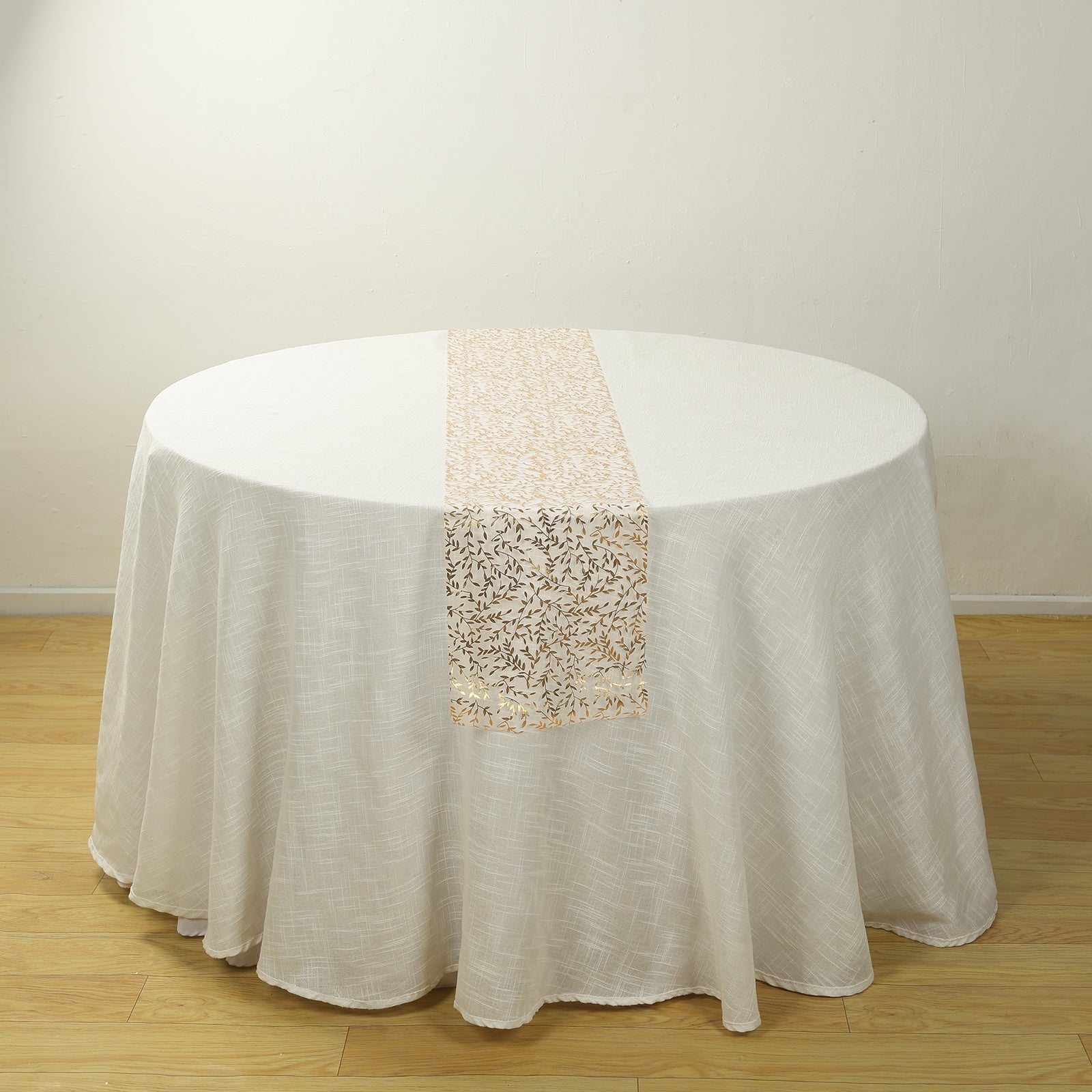 5 Pack Organza Mesh 11"x108" Table Runner Rolls White with Gold Foil Leaf Vines - Disposable Stylish & Chic Table Decor