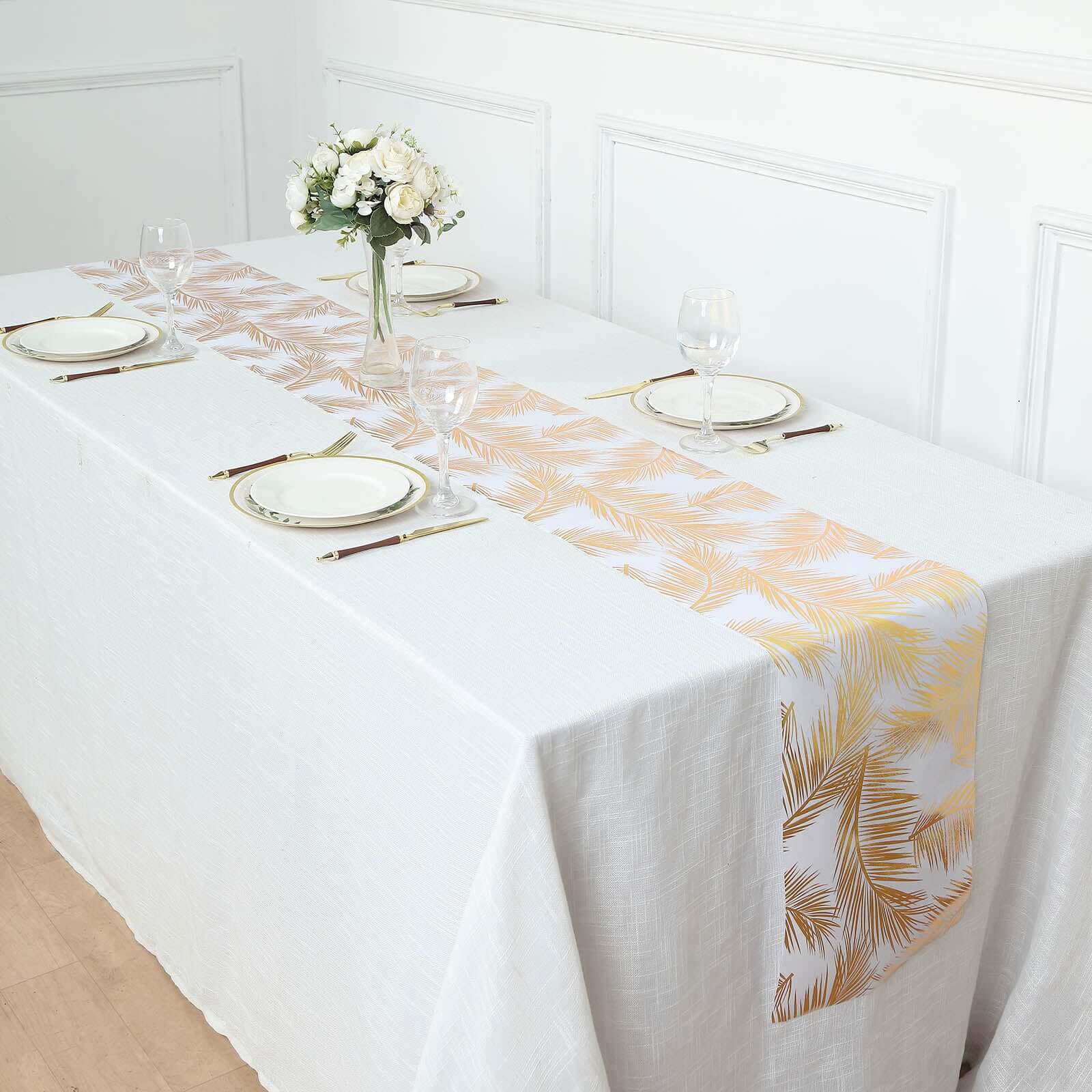 Disposable Table Runner Roll 108" Metallic Gold Foil Palm Leaves Print - Chic Non-Woven Tropical Table Decor for Events