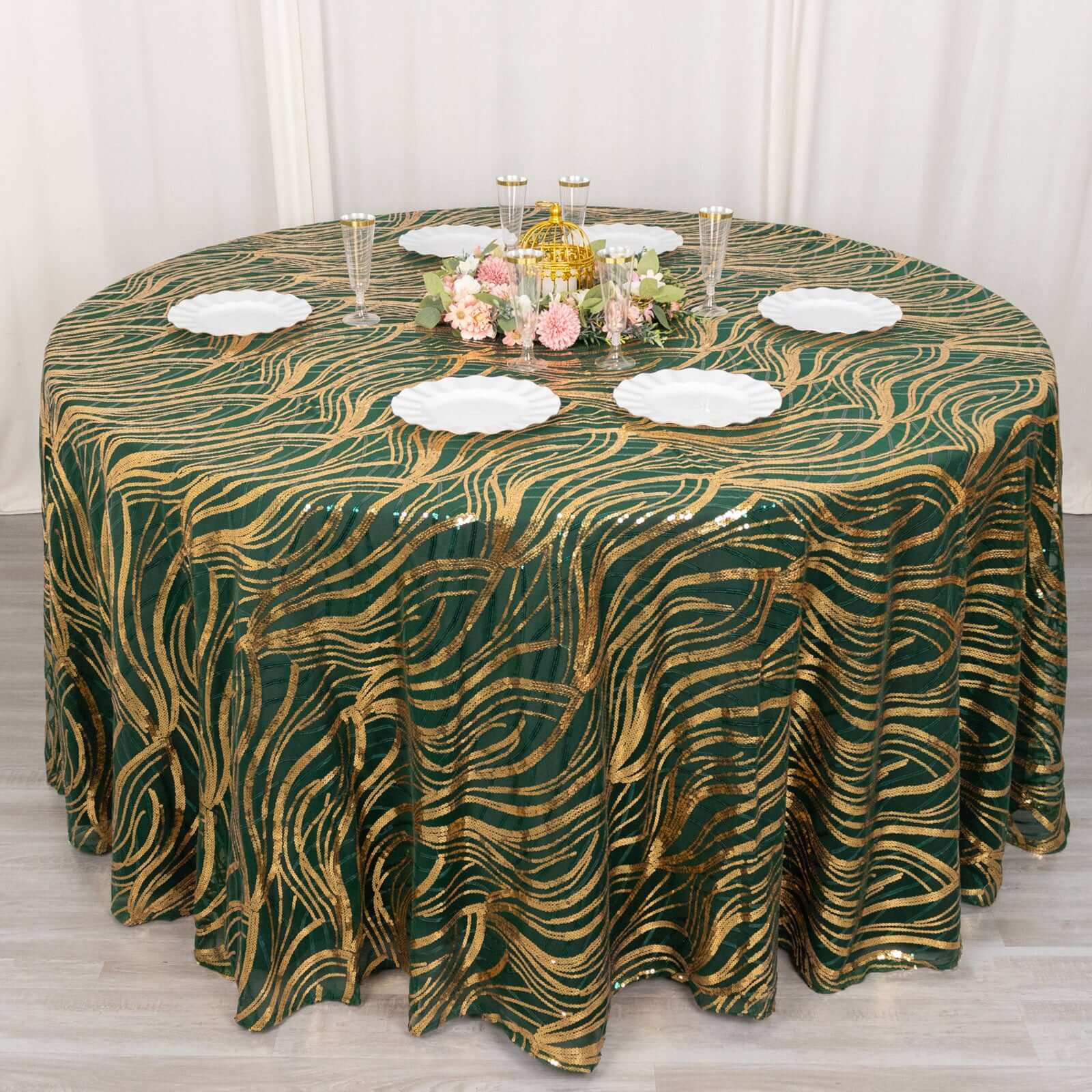 Sequin Mesh 120" Round Tablecloth Hunter Emerald Green/Gold - Seamless Wave Embroidered Table Cover